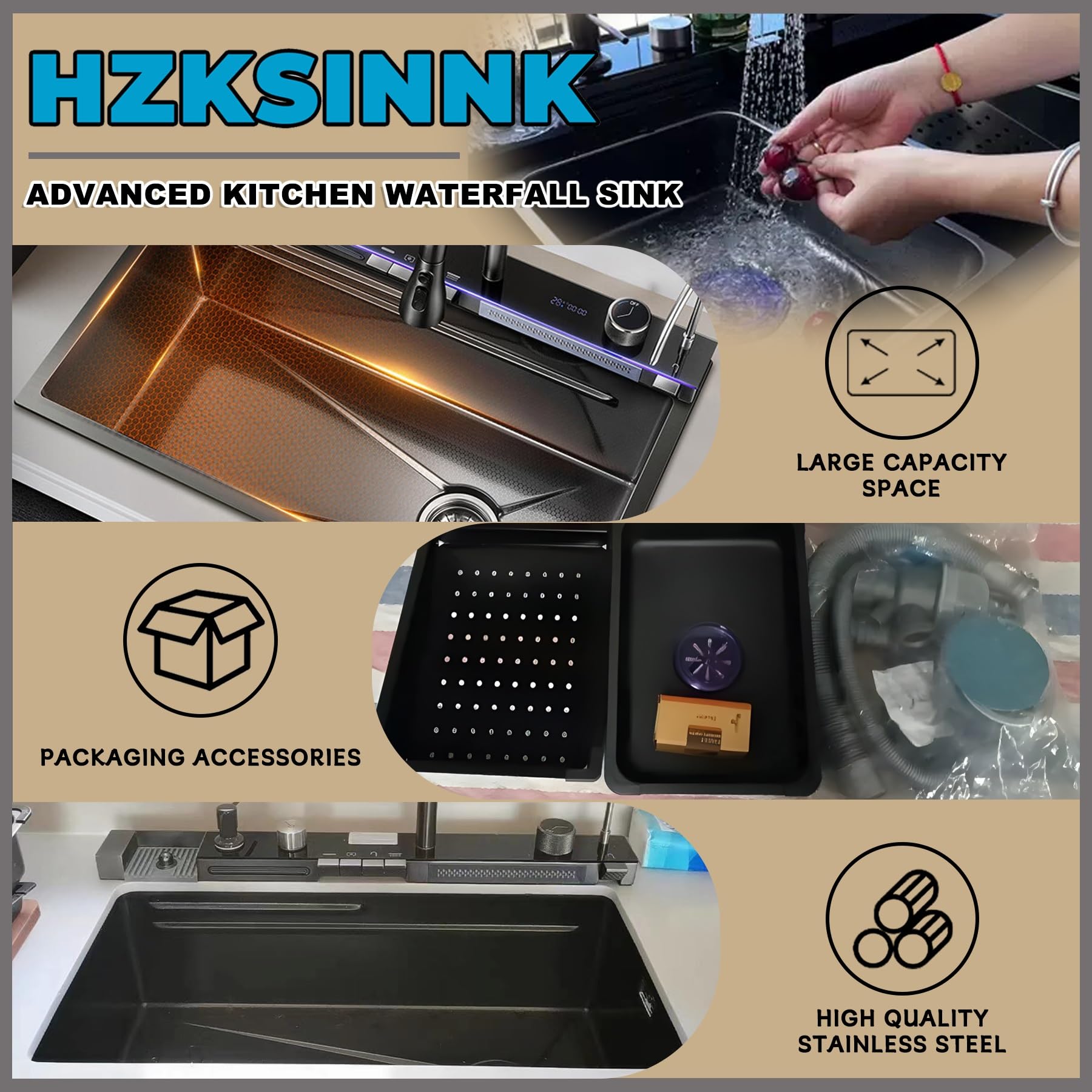 HZKSINNK 75 x 45 cm, lavello da cucina con due cascate, 1 vasca, nero, multifunzione, in acciaio inox, con rubinetti estraibili, lavavetri e set di scarico