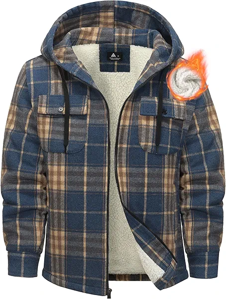 Ceoutdoor Mens Flannel Hoodie Jacket Fleece Lined Flannel Shirt Plaid Zip Up Sherpa Hooded Sweatshirt Warm Winter Coat