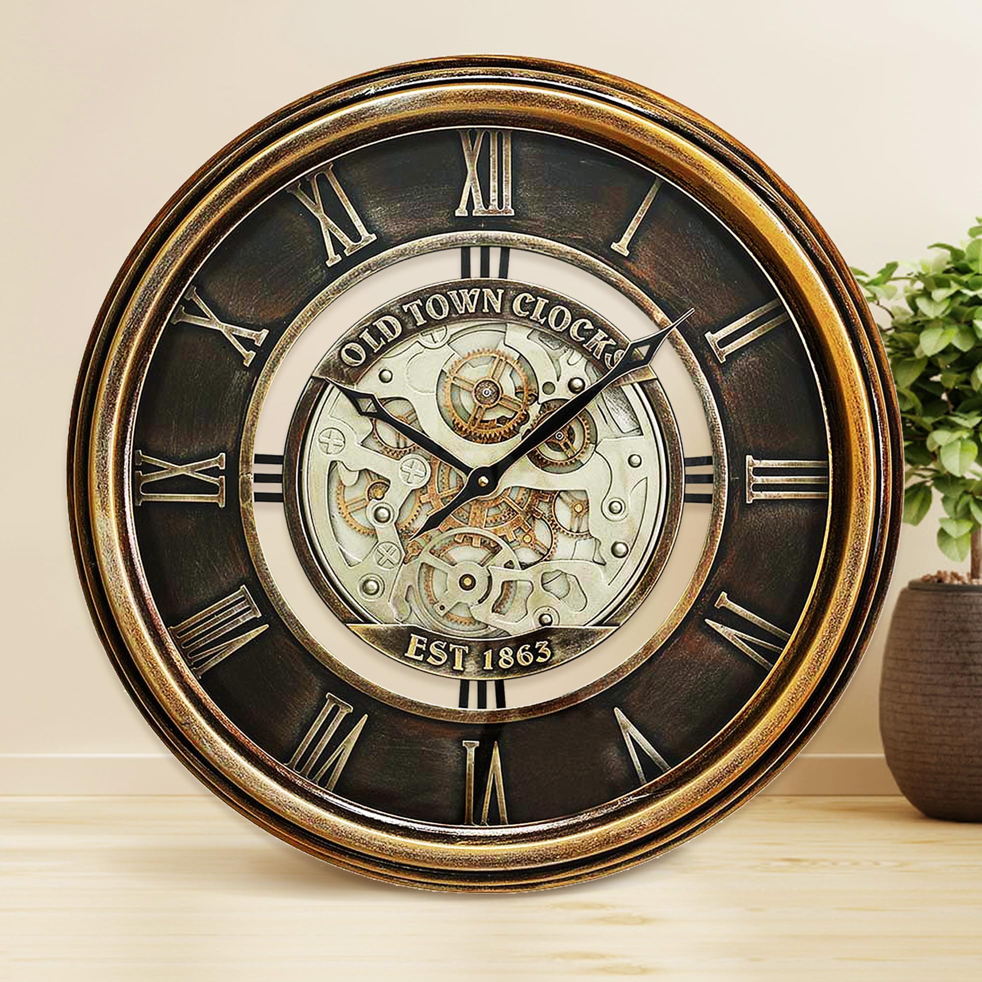 OLOPALMA 52cm Large Real Moving Gears Wall Clock for Living Room Decor, Big Vintage Industrial Steampunk Metal Cog Decorative Clock for Kitchen Farmhouse Home Office Christams Wall Decor (Bronze)