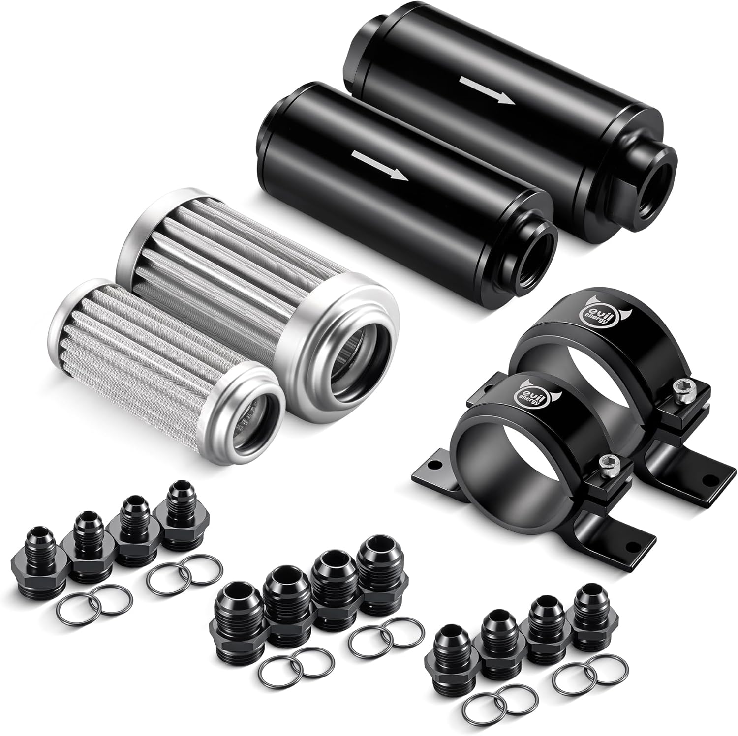 EVIL ENERGY 30 100 Micron Inline Fuel Filter Kit, Dual Stainless Steel Filters with 50mm 60mm Mounting Brackets, 6AN 8AN 10AN Fittings, Universal