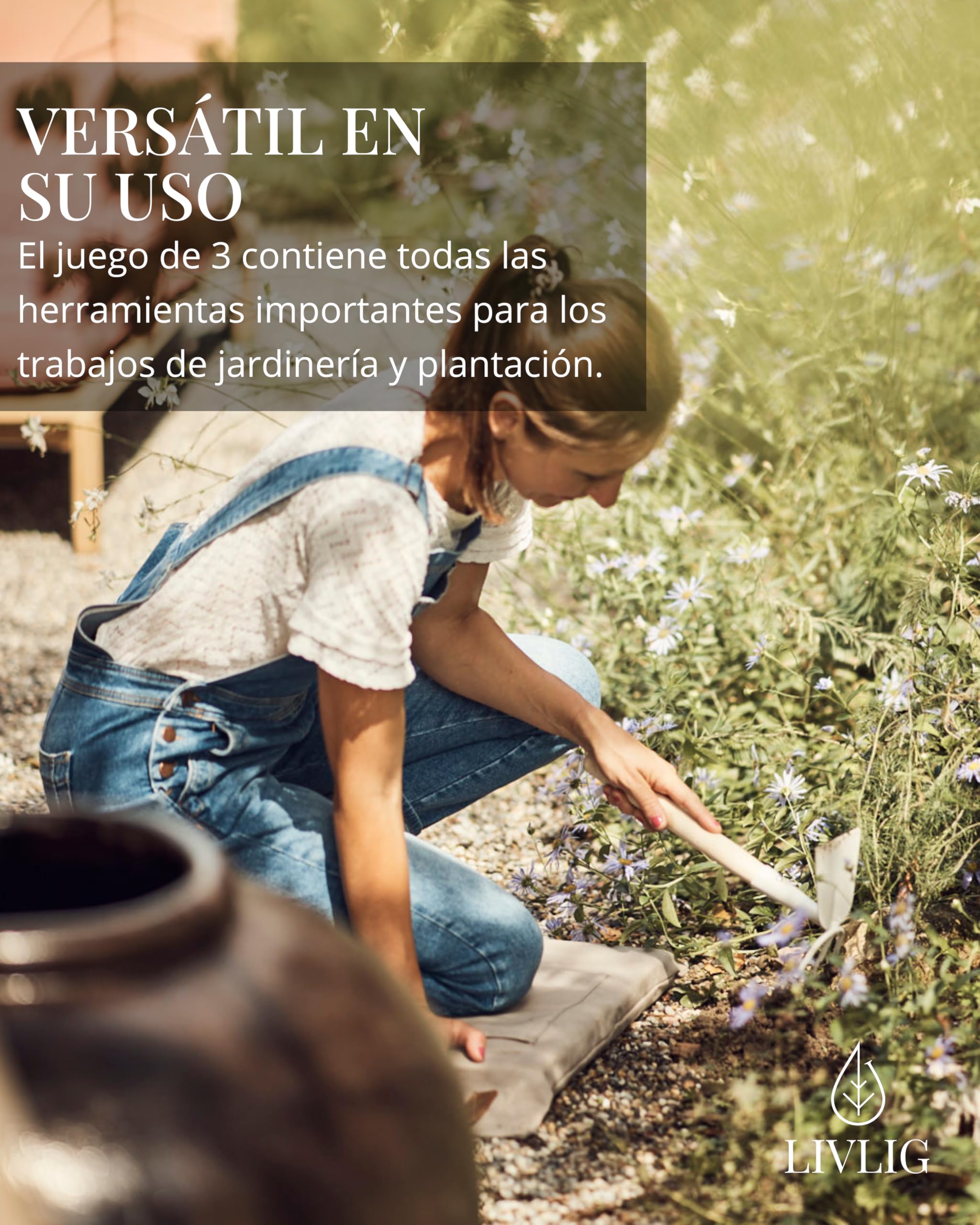 LIVLIG Juego de herramientas de jardín, juego de herramientas de jardín compuesto por pala, rastrillo, azada con tenedor, mango de madera de roble