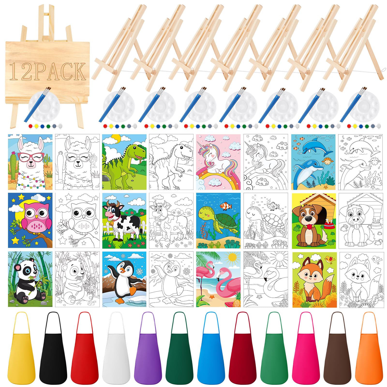 84 Pcs Kids Paint Party Set Include 12 Animal Pre Drawn Canvas 12 Brushes 12 Palettes 12 Set Acrylic Paints 12 Apron Canvas Painting Kit for Kids Art Paint Party Valentines Gift