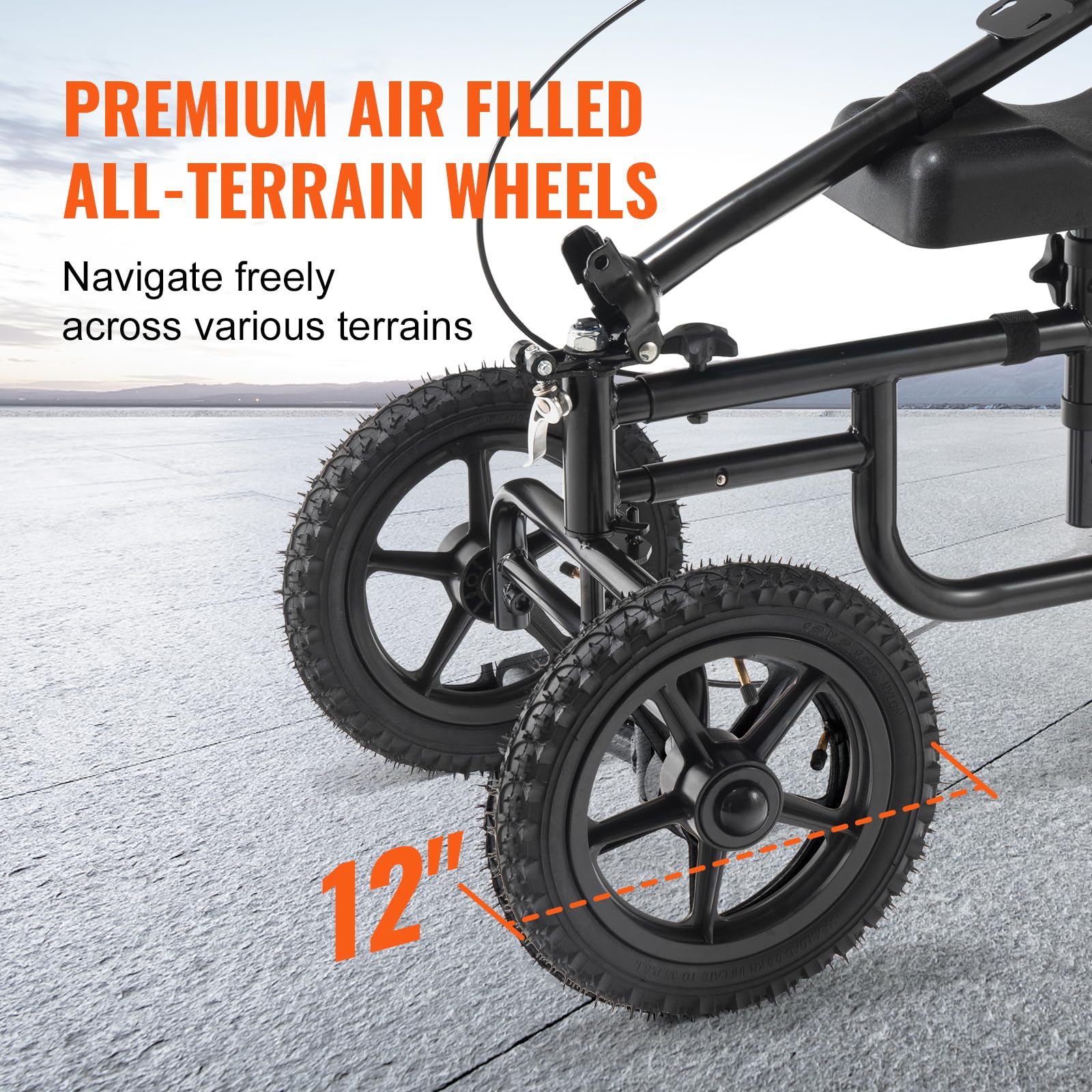 VEVOR Patinete de Rodilla Plegable Orientable de Acero al Carbono con Manillar Ajustable en Altura y Rodillera, Rueda Todoterreno, Frenos Dobles, Recuperación de Piernas, Carga de 160 kg, Negro