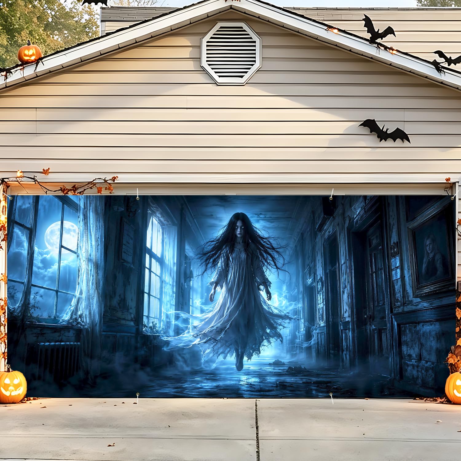 Halloween Garage Door Decorations 6 x 13 ft, Ghost Hall Cover