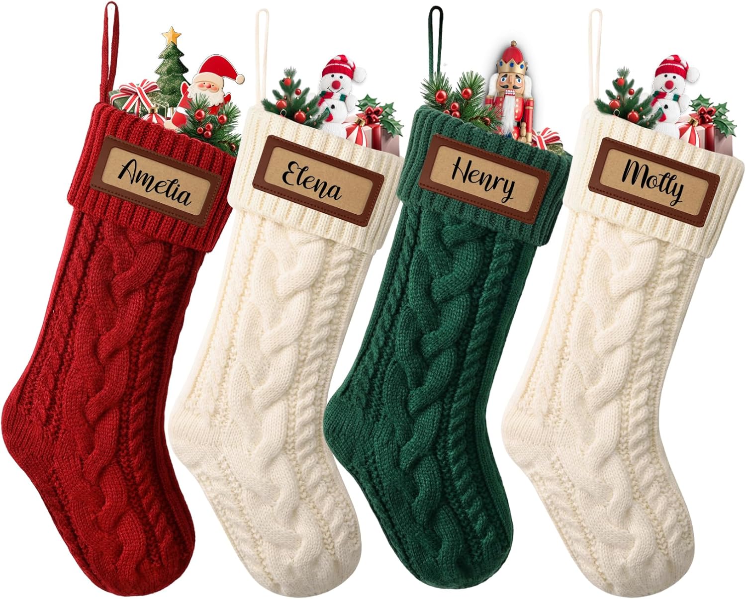 caraknots personalized christmas stockings 4 pack knit christmas stockings with names tag patches vintage rustic farmhouse boho 18" large red green white knitted xmas stocking for family kids 4 pcs mix-red green ivory 4