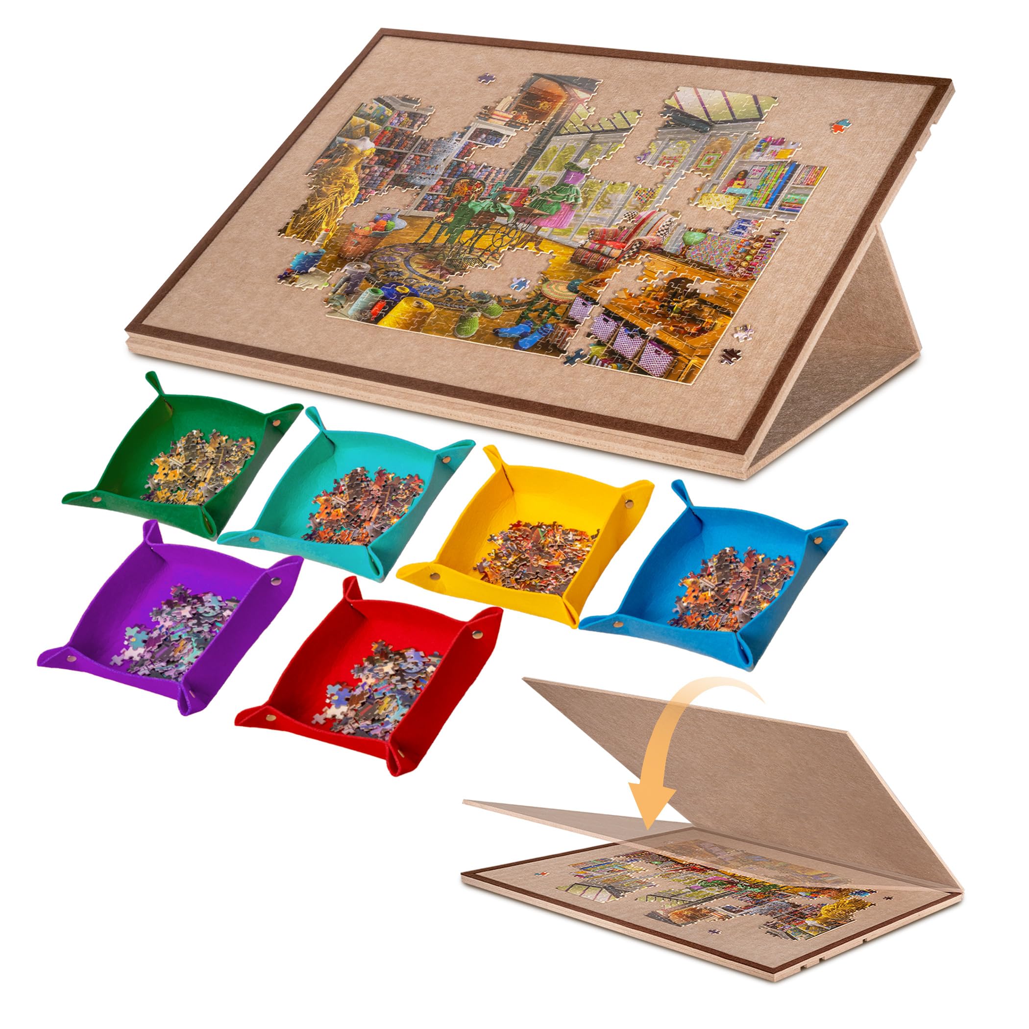 Jigpal Tilting Jigsaw Puzzle Board with 2-in-1 Stand and Cover, Lightweight Felt Jigsaw Storage Table with 3 Angle Adjustable, 6 Sorting Trays for Puzzle Games Up to 1500 Pieces (Khiaki)