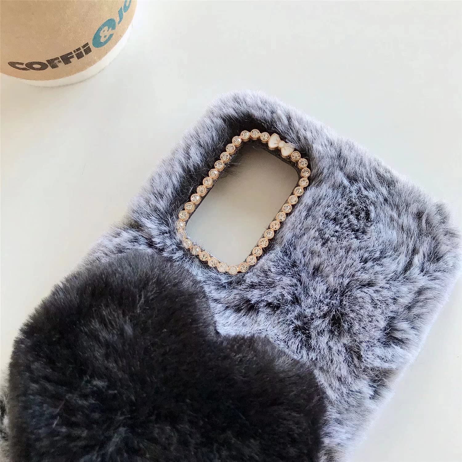 Fluffy Fur Plush Custodia per Oppo F19 Pro Plush Case Fluffy Fur TPU Shockproof Faux Pelliccia Carino Peloso Orso Bling Diamante Strass Silicone Custodia per Oppo F19 Pro,Oppo A94 4G,Orso grigio