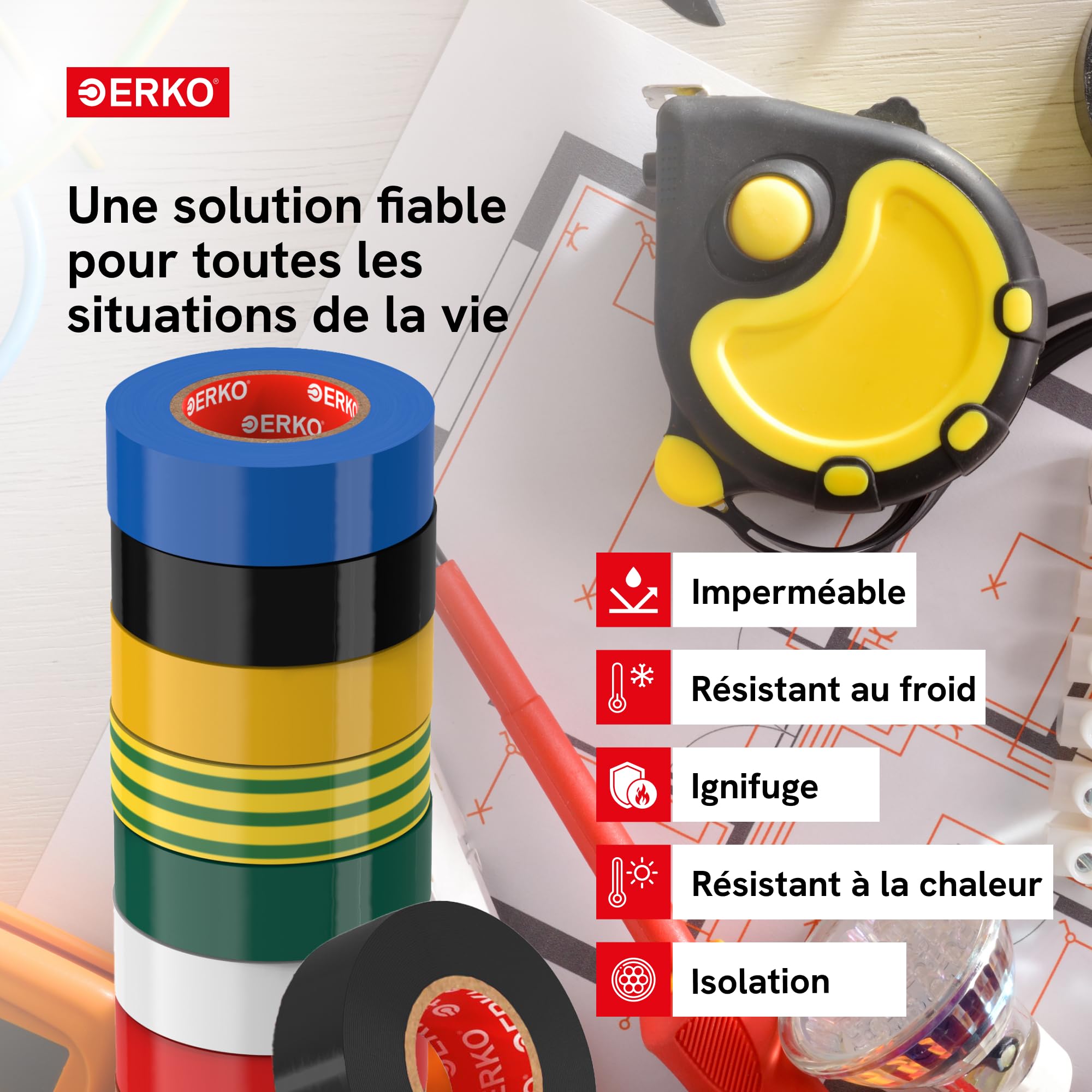 ERKO Ruban adhésif isolant électrique Noir 19mm x 20m PVC