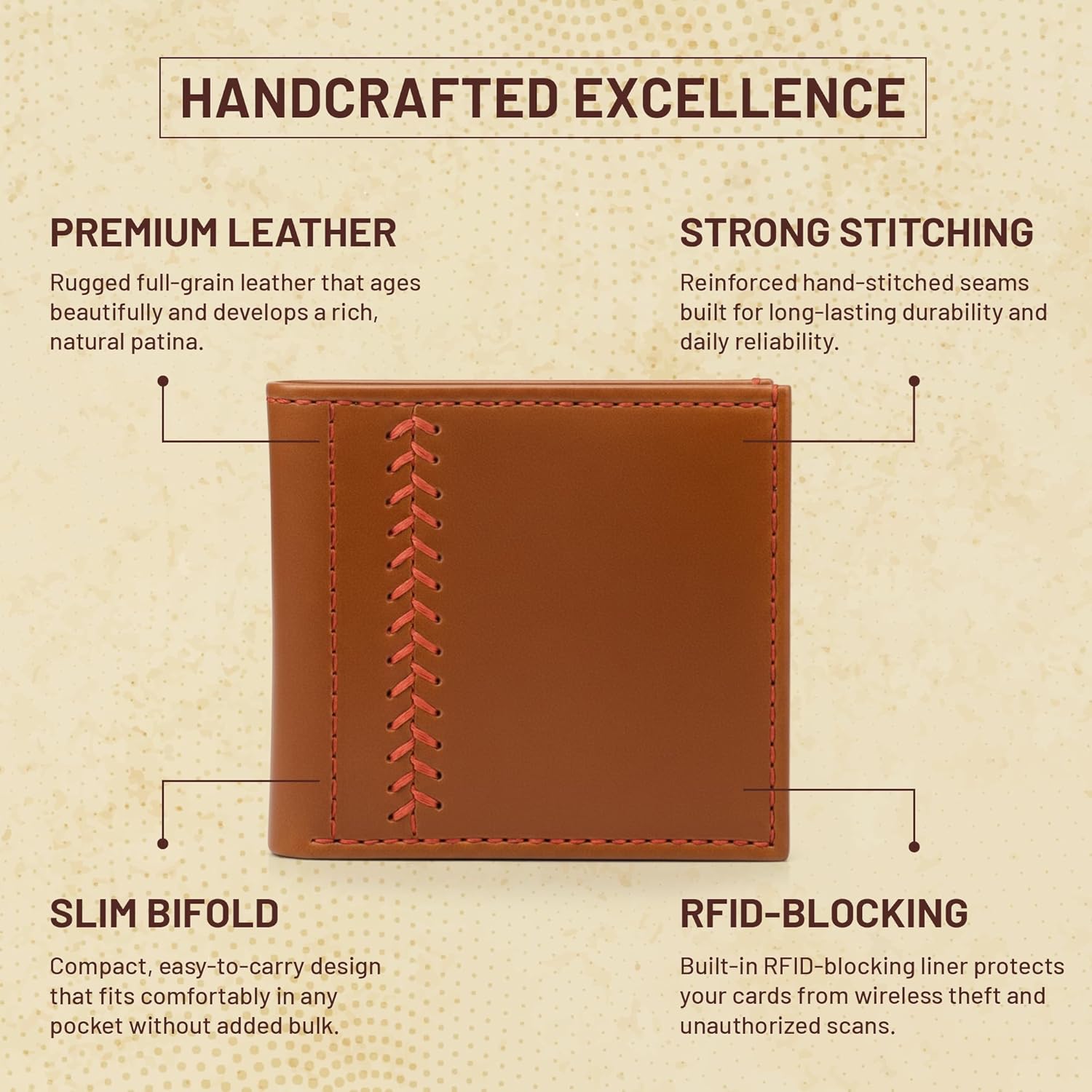 Thin Sporty Designer Bifold Wallets for Men – Handcrafted Full-Grain Leather Wallet with Baseball Art – Slim RFID Wallet for Men with Card Slots for Daily Carry, Birthday & Christmas Gifts, and More - Image 2