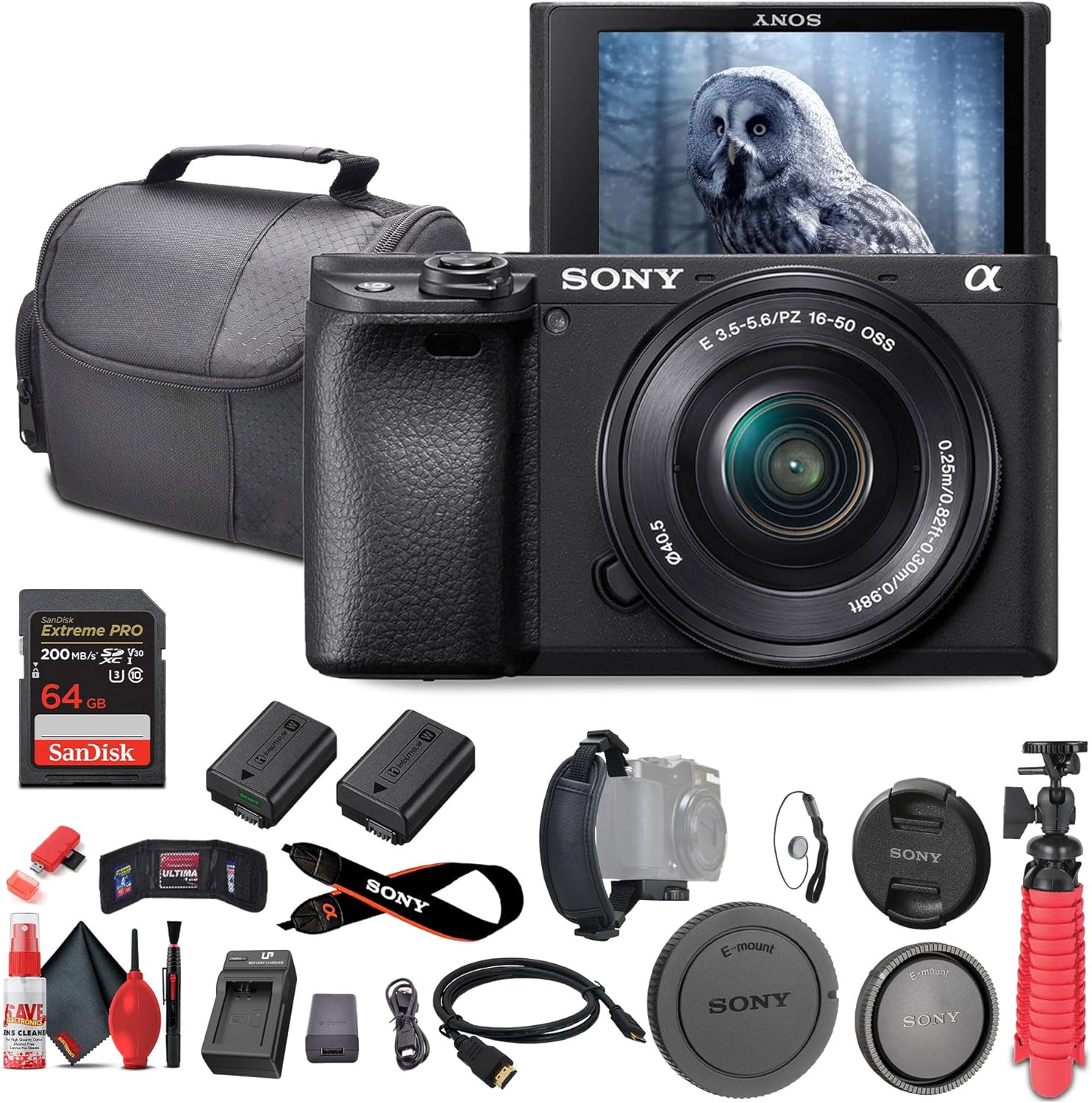 Sony a6400 Mirrorless Camera with 16-50mm Lens with Real-Time Eye Auto Focus, 4K Video (ILCE-6400L/B) + 64GB Memory Card + NP-FW50 Battery + Charger + Case + Flexible Tripod + More (Renewed)