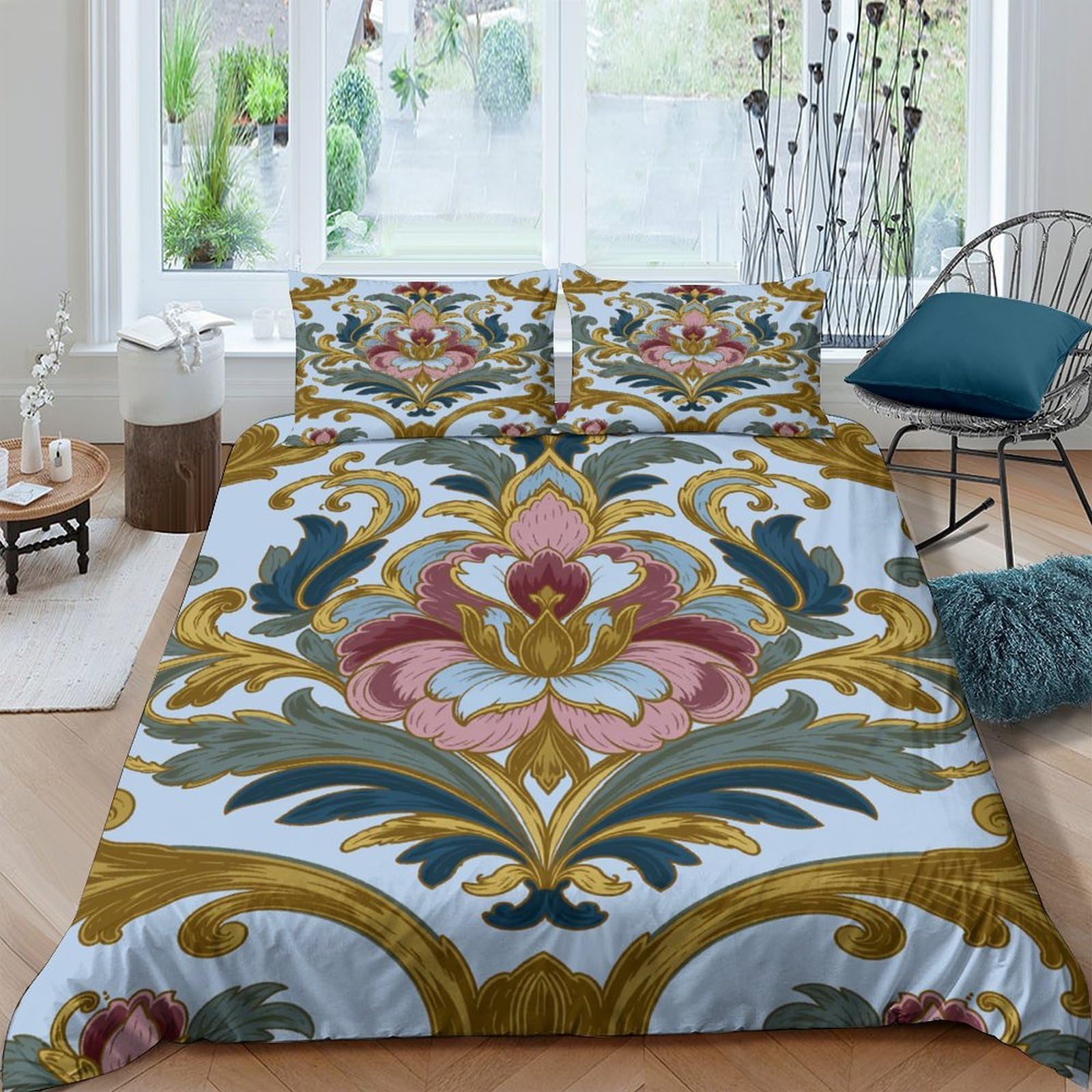 Ctjqhvkz Style-6 3D Printed Baroque Floral Fitted Sheet Microfiber Elegant Ornate Gold Blue Bed Cover For Bedroom Guest Room Decor Single（135X200cm）