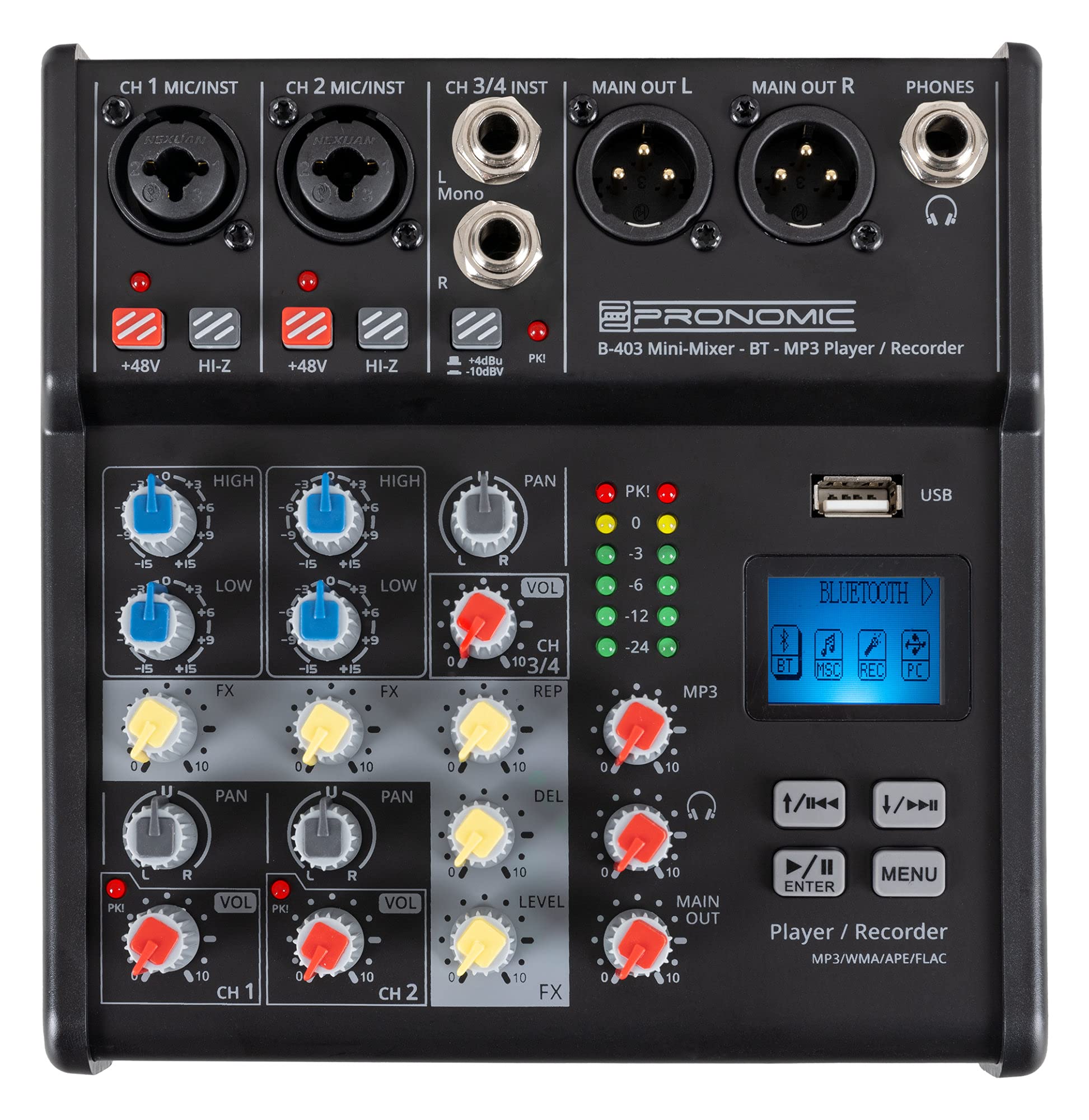 Pronomic B-403 Mini-Mixer mit Bluetooth und USB-Recording - Kompakter 4-Kanal Mixer - 2 Kanäle mit Combobuchsen, Phantomspeisung und Hi-Z Schalter - USB-Port - Main-Ausgänge im XLR-Format - Schwarz