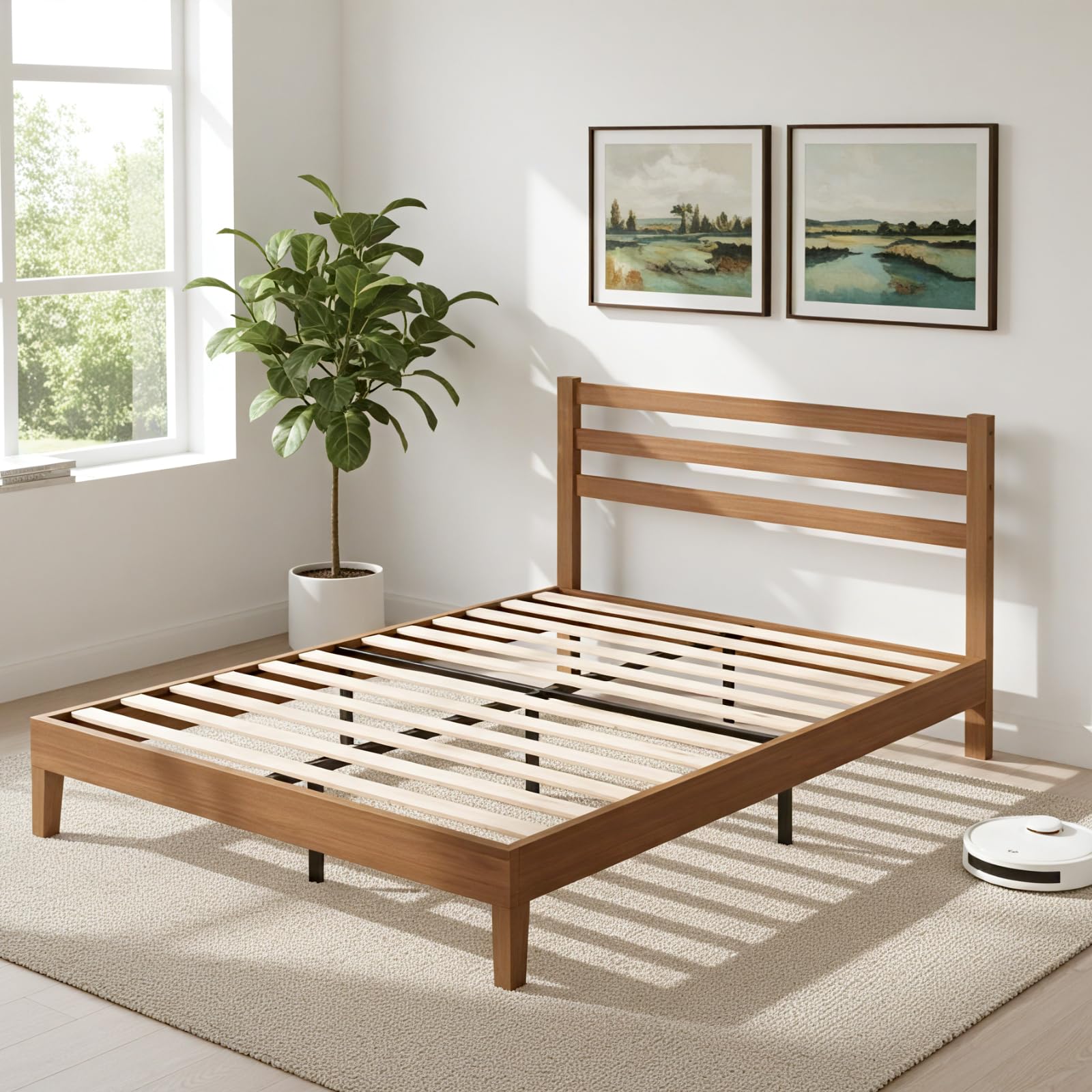 Sweetcrispy Solid Wood Bed Frame - Queen Size Mattress Foundation with Headboard, No Box Spring Needed with 1100LBS Sturdy Wooden Slats Support, Noise