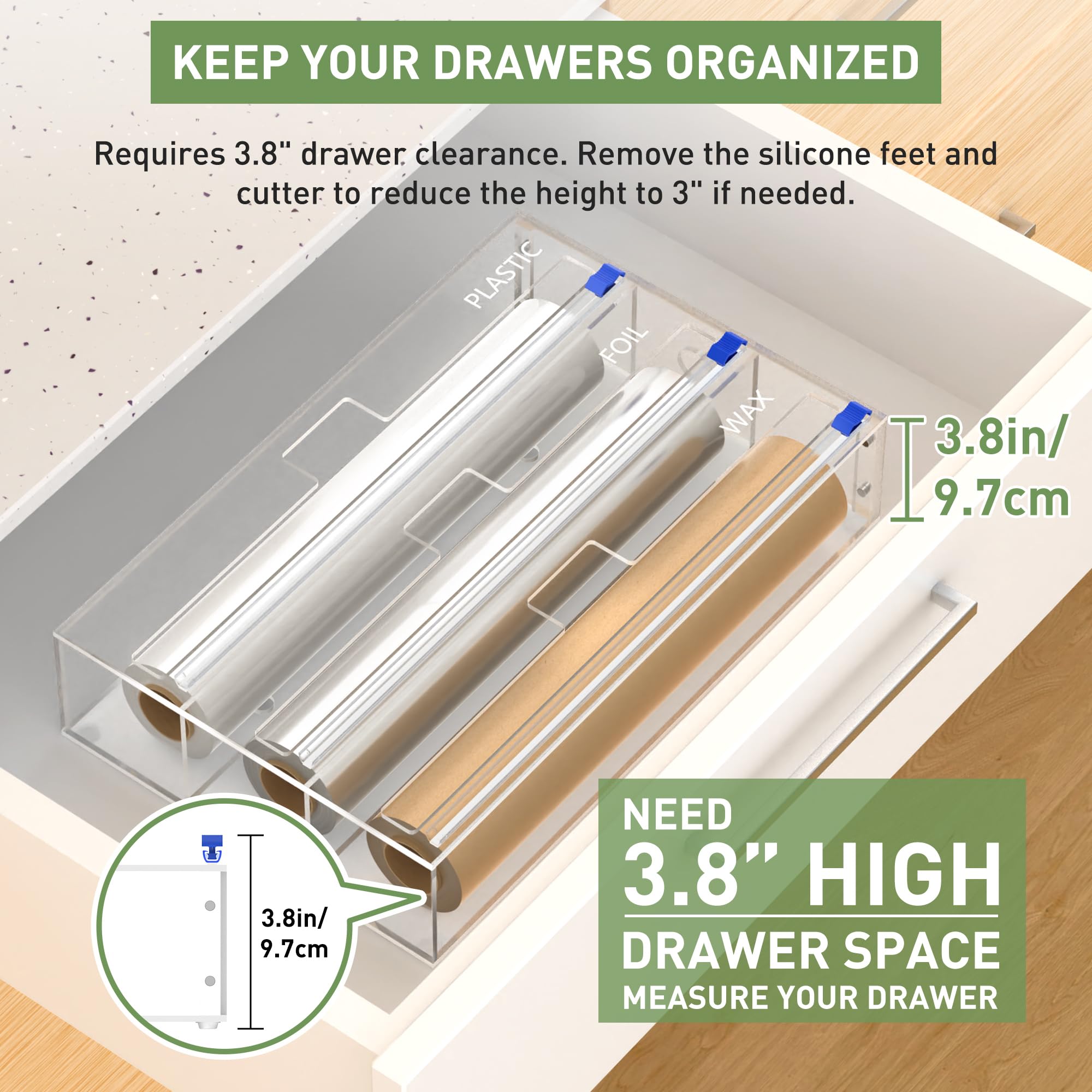 Dispensador de plástico con Cortador y Almohadilla Antideslizante, Organizador 3 en 1 Compatible con Rollo de Papel de Cera y Papel de Cera de 12 Pulgadas, cajones de Cocina, encimera o Montaje en