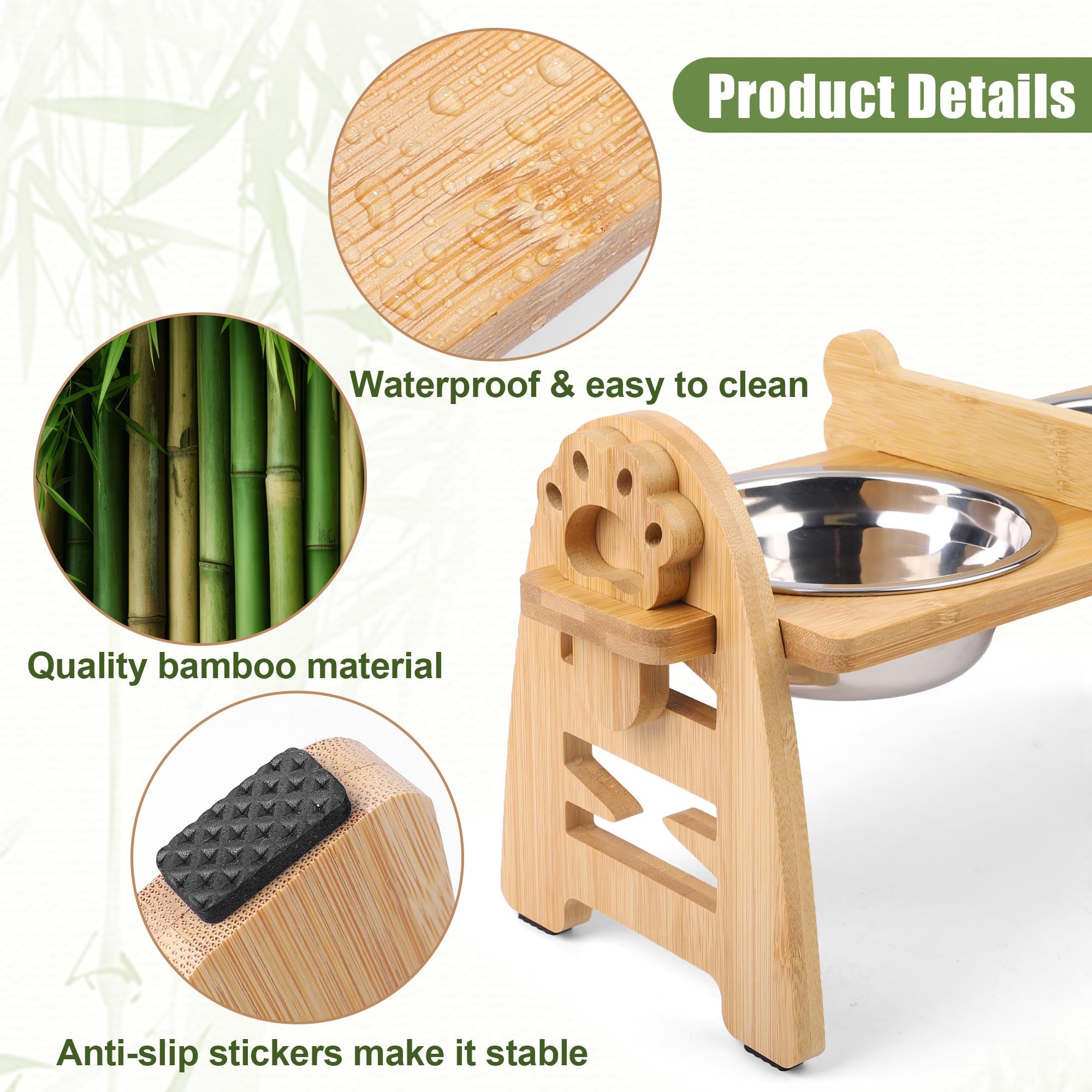 MCEAST Cuencos elevados ajustables para perros con 2 cuencos de acero inoxidable 304 de bambú para mascotas, comedero elevado para perros de tamaño pequeño, gatos y mascotas