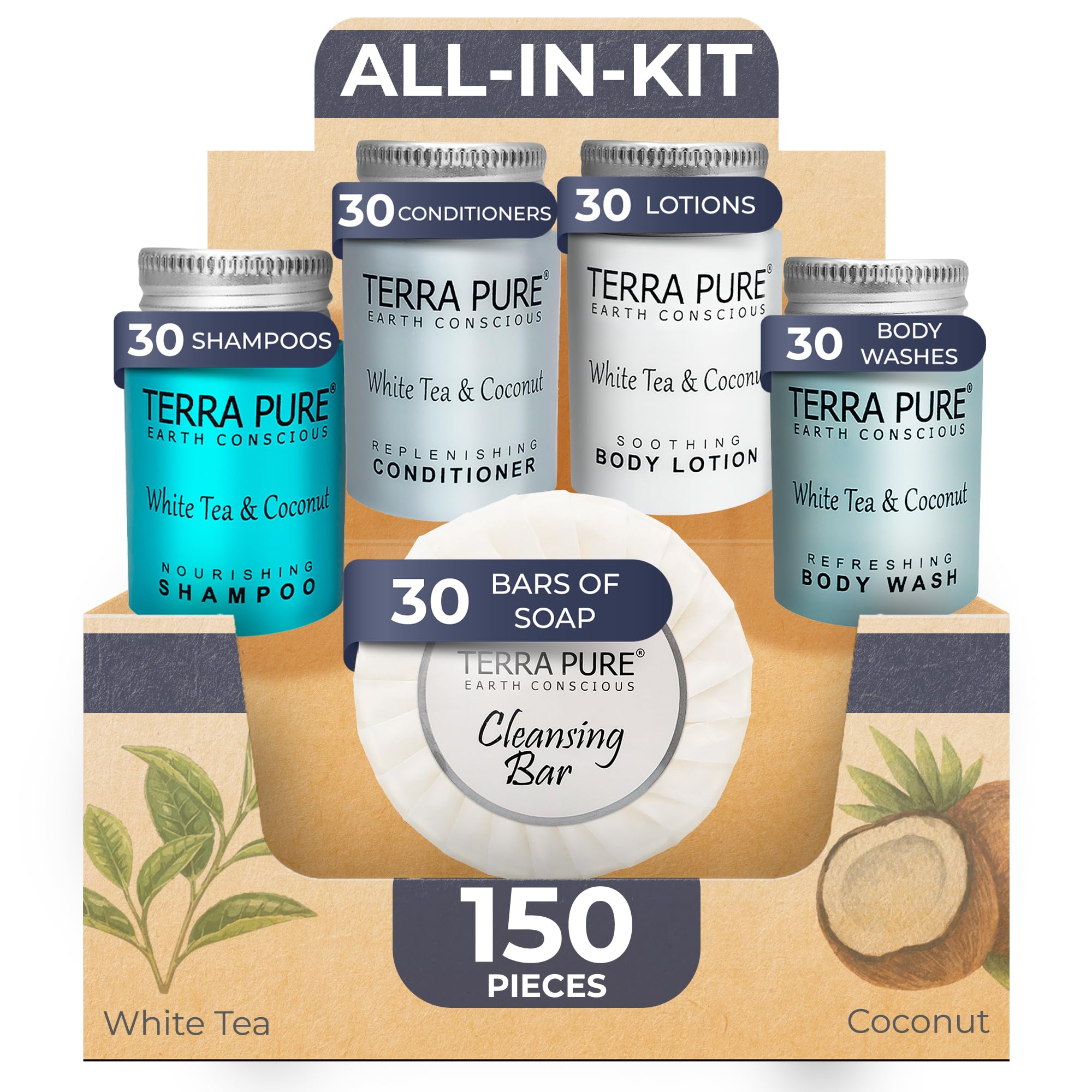 Terra Pure White Tea & Coconut Toiletries Set | 1-Shoppe Amenities Kit | 1oz Shampoo & Conditioner, Body Wash, Lotion, 1.25oz Bar Soap | Travel Size | 150 Pieces