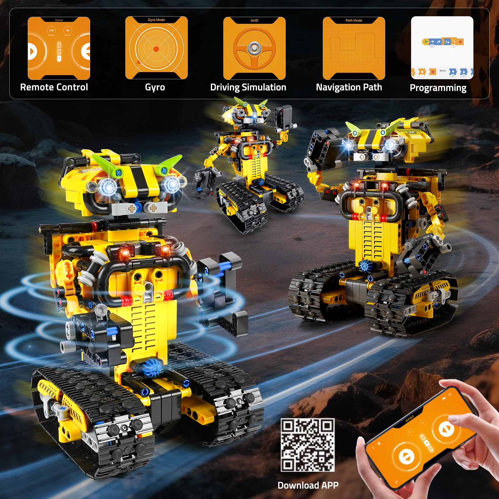 HiWEEGO Technik Ferngesteuert Roboter für Kinder - 730 Teiles 2-in-1 APP Fernbedienung Bausatz RC Robot Bulldozer Technic Programmierbare Bauspielzeug Wiederaufladbar Geschenk für Jungen Mädchen 8-12