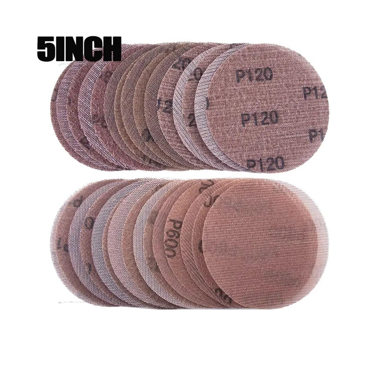 Discos De Lija De Malla 50 discos de lijado de 5 pulgadas. | Surtido de papel de lija abrasivo sin polvo de malla de grano 80 100 120 180 240 320(120#)