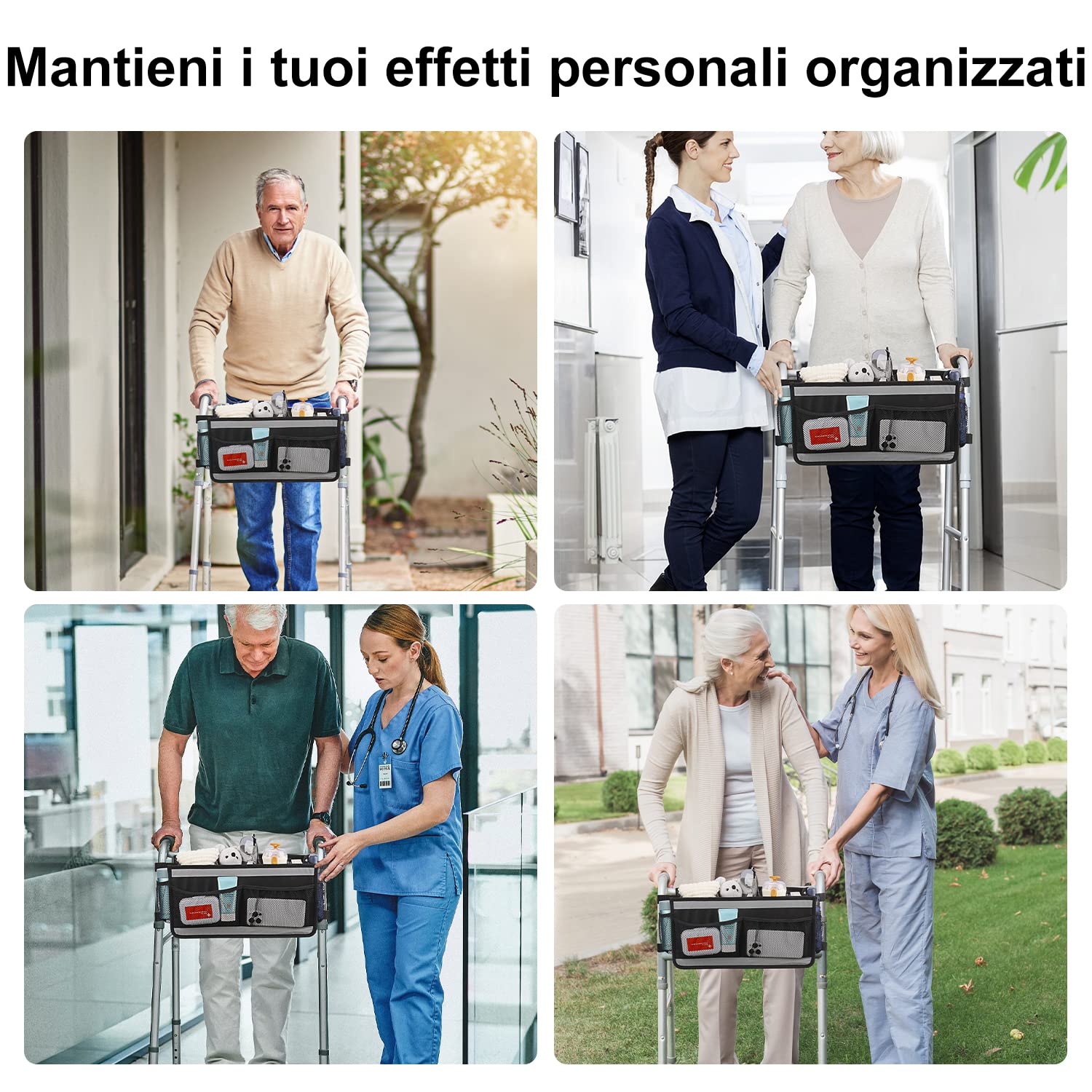 supregear Cestino Deambulatore, Borsa per Organizer per Camminatori di Grande Capacità con 4 Tasche in Rete e Strisce Riflettenti Borsa per Riporre Gli, Nero