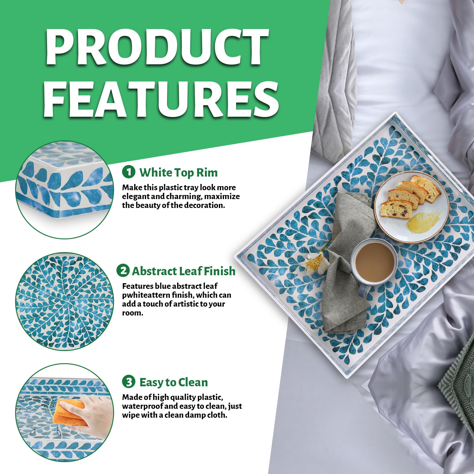 MAONAME Blue Decorative Tray, Plastic Serving Tray with Handles, Leaf ...