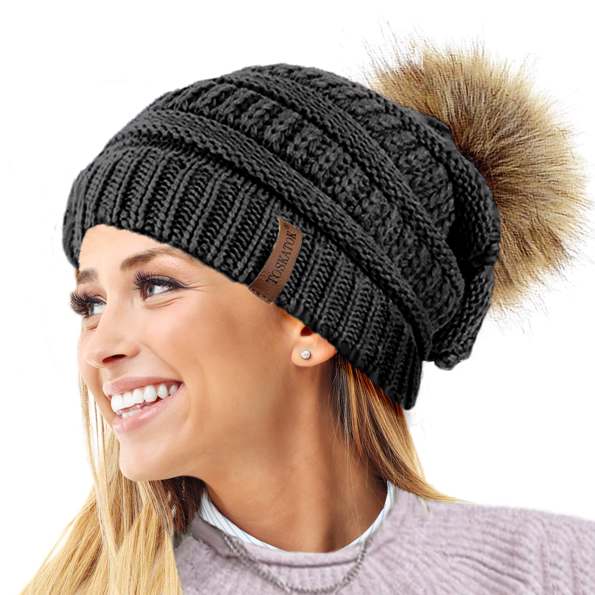 Toskatok Women's A-Charcoal 2 Pompoms Toskatok® Textured Knit Beanie Hat With Detachable Faux Fur Pom Pom - Buy With 1 2 Pom Poms…