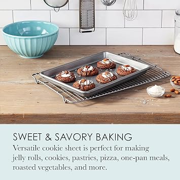 Chicago Metallic Commercial II Non-Stick Small Cookie/Baking Sheet. Perfect for making jelly rolls, cookies, pastries, one-pan meals, and more,12.25 by 8.75, Gray