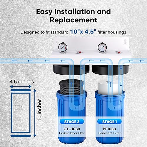 Miniatura 7 de PUREPLUS Kit combinado de filtro de agua para toda la casa de 5 micras de 4.5 x 10 pulgadas con sedimentos y filtro de bloque de carbón activado,