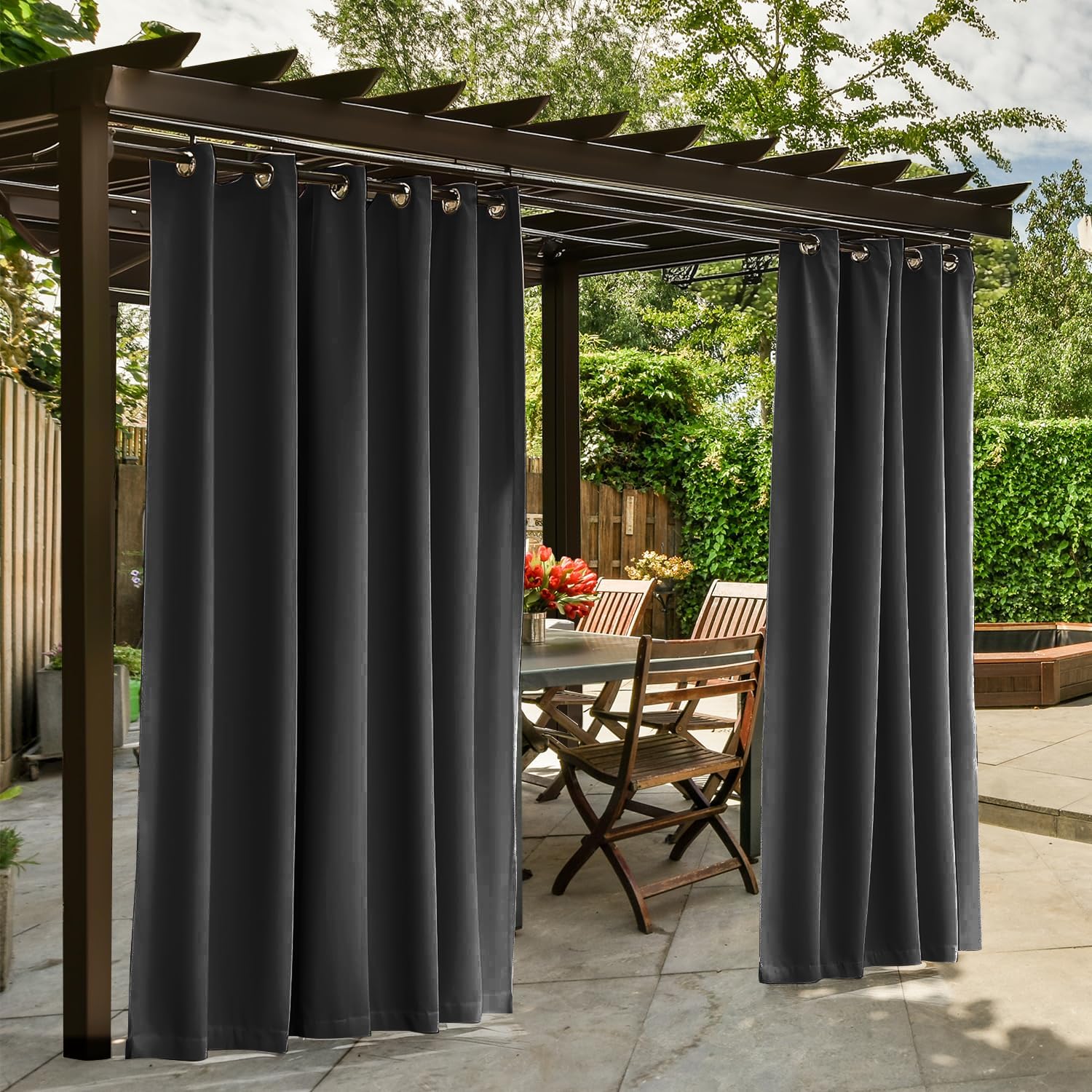 ARTPLAN Waterproof Outdoor Curtains for Patio, Premium Thick Sunproof 90% Blackout Curtains with Rustproof Grommets for Porch, Pergola, Cabana, 2-Pack Set,Black