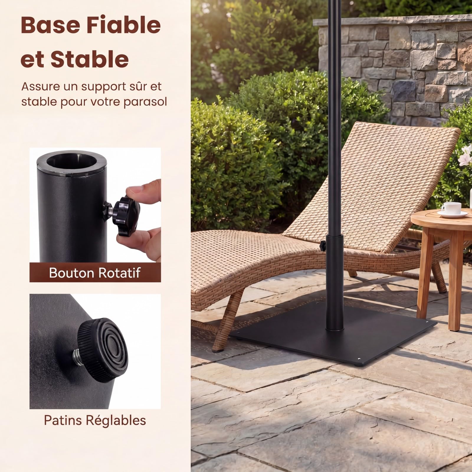 RELAX4LIFE Pied de Parasol Lourd en Métal 16 KG pour Poteaux φ41-49 MM, Support Parasol Carré avec 4 Patins Réglables, Socle Parasol Extérieur 50x50 CM pour Patio Terrasse Jardin (Noir)