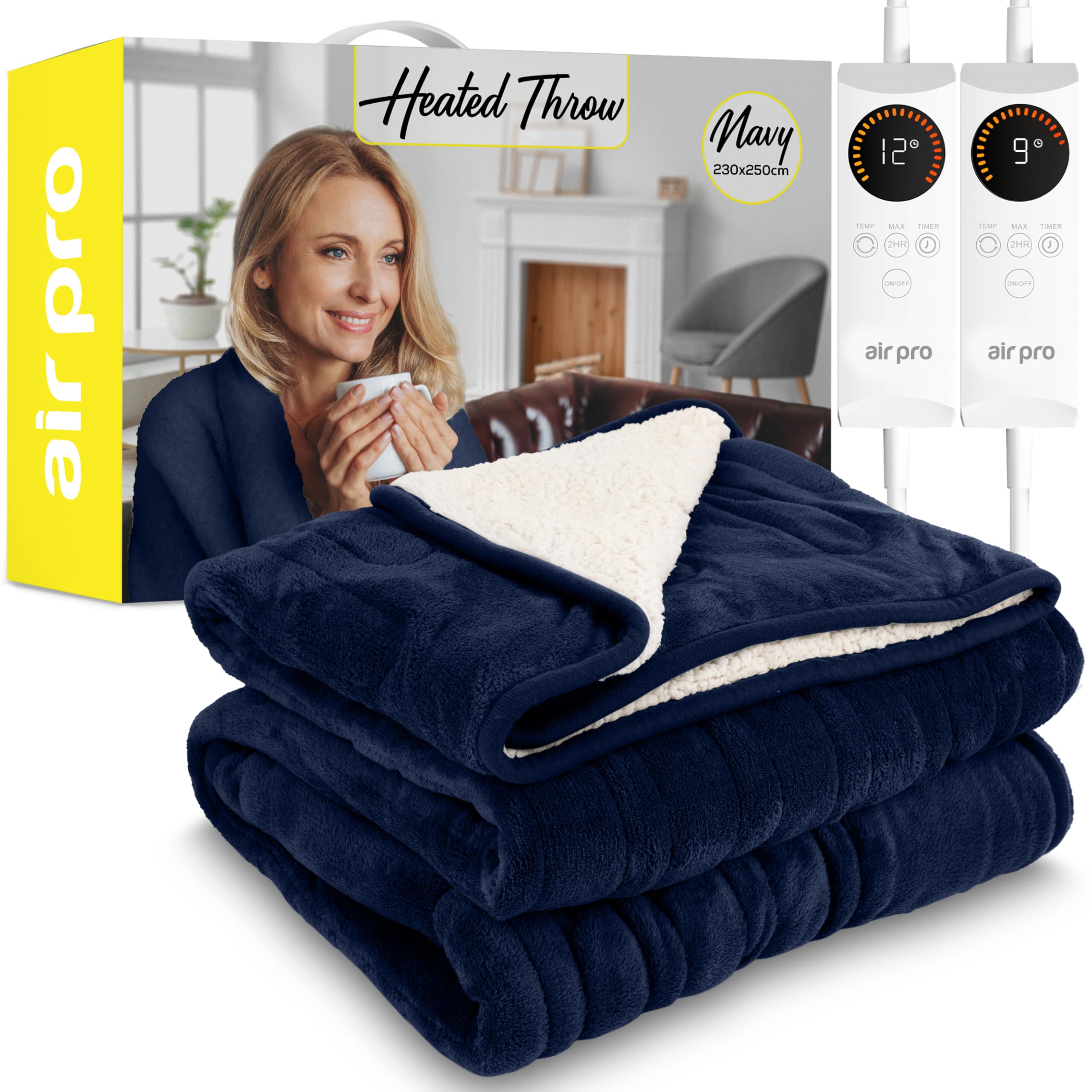Air Pro Heated Throw - Dual Control Electric Blanket - Digital Controller - Timer up to 9 hours, 6 Heat Settings, Auto Shutoff - Machine Washable - King Size 230x250cm - Navy Shearling
