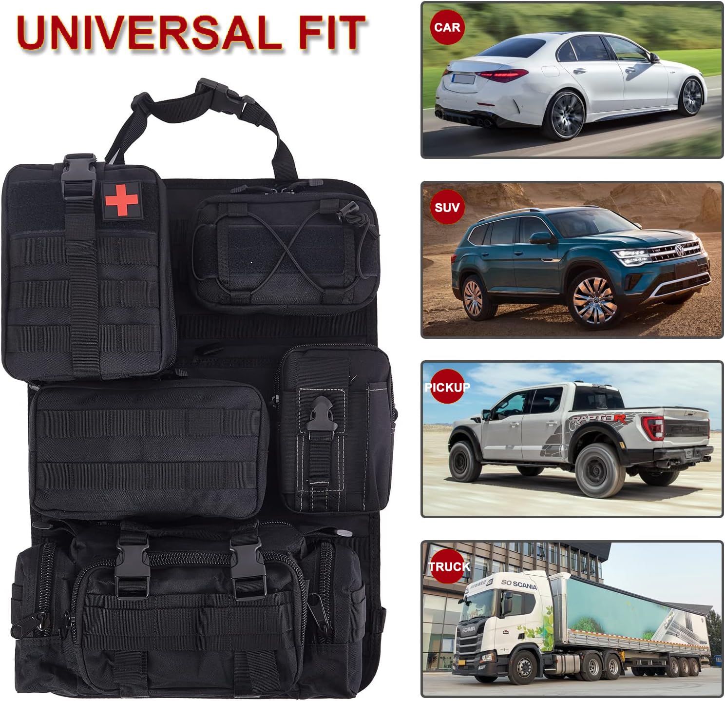Organiseur tactique pour siège de voiture, protection de dossier avec 5 poches souples amovibles pour le camping, organisateur de siège arrière imperméable pour camion Ford Jeep SUV accessoires