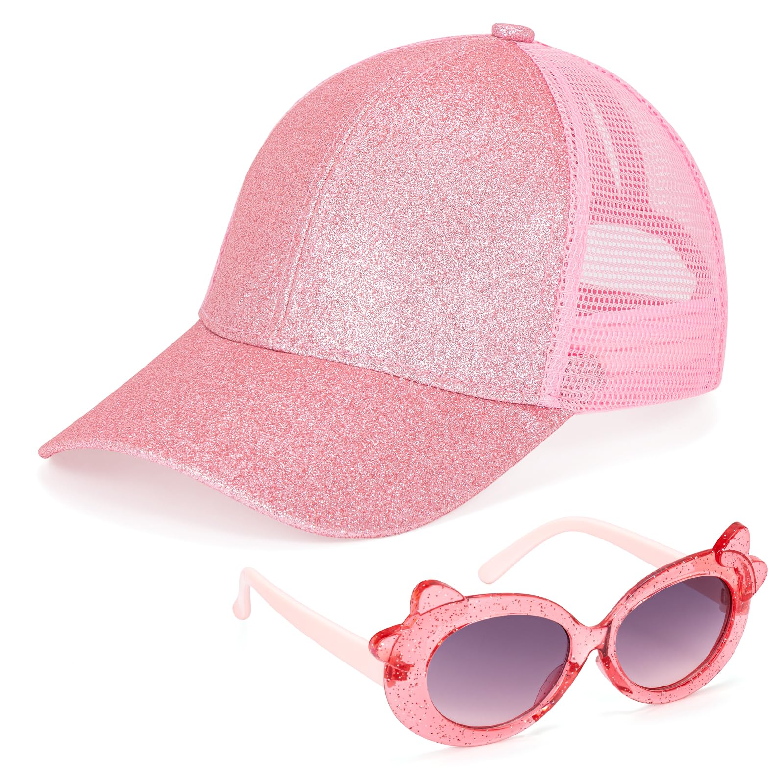 Gorra de Béisbol para Niña con Cola de Caballo, Ajustable Gorras de Malla y Gafas de Sol Sombrero Verano con Purpurina para Niñas Deportes al Aire Libre Playa (Rosa)