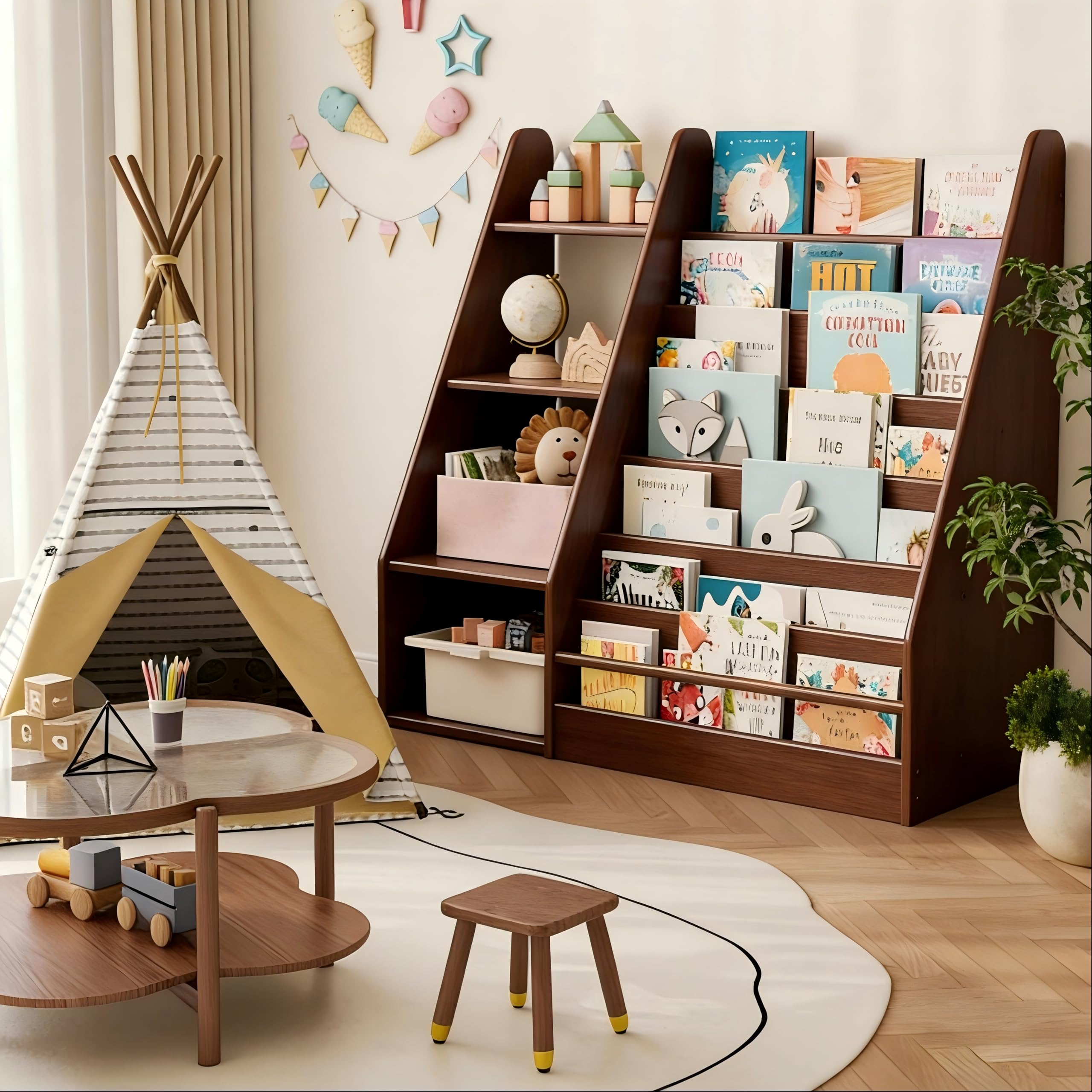 DONGMUWUJEE Solid Wood Kids Bookshelf and Storage Organizer, 7 Layer Children Bo — product photo
