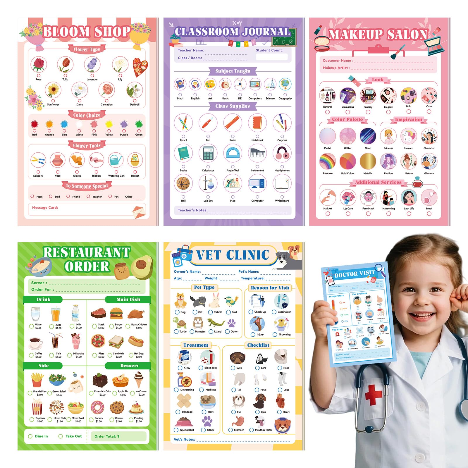 MOMOTONX 6 Pack Kids Pretend Play Notepads, 40 Pages Kids Playtime Pads, 4'' x 6'' Imaginative Role Play Activity Pads for Girls