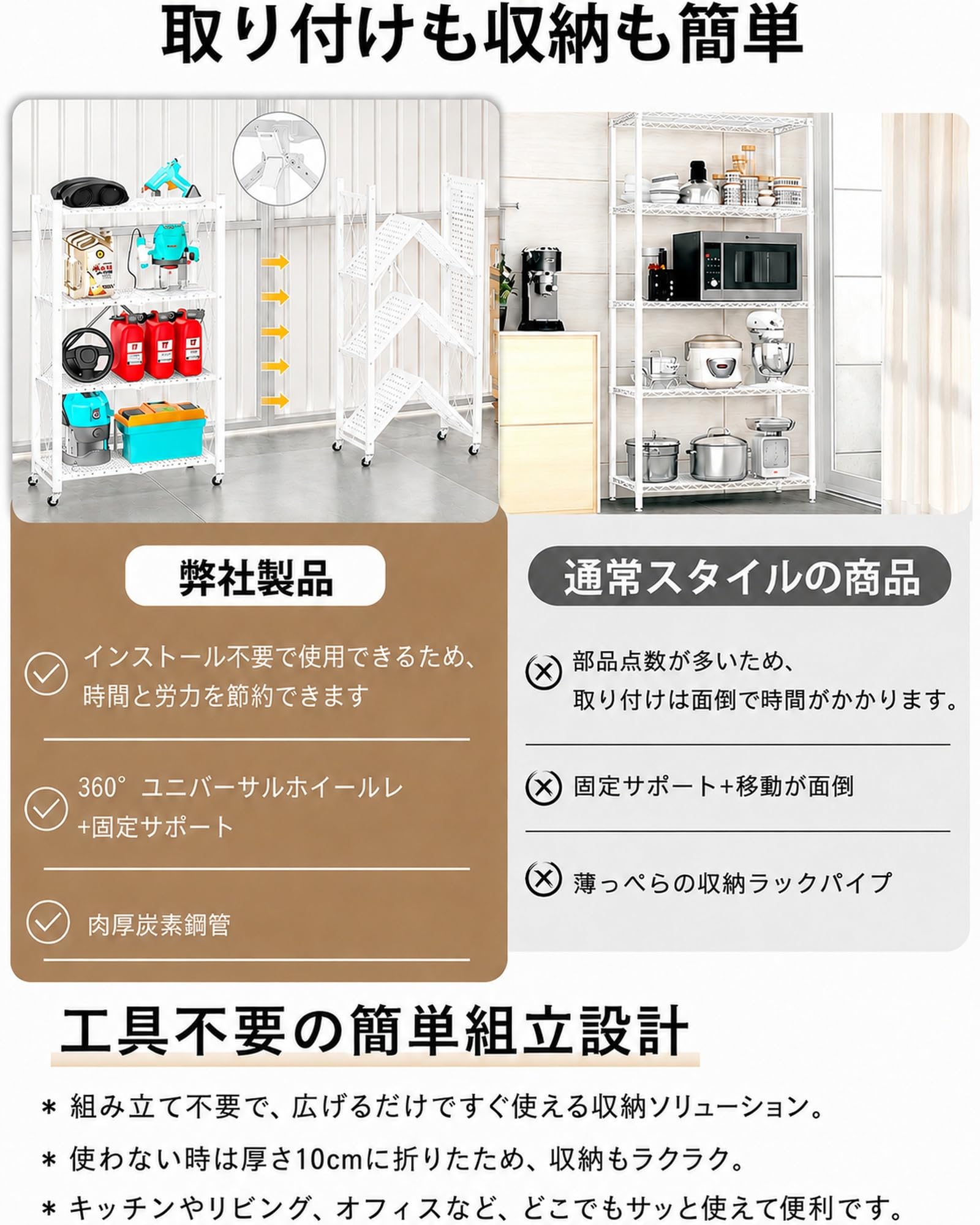 Amazon.co.jp: メタルラック 4段 折りたたみ式 キャスター付き 組立