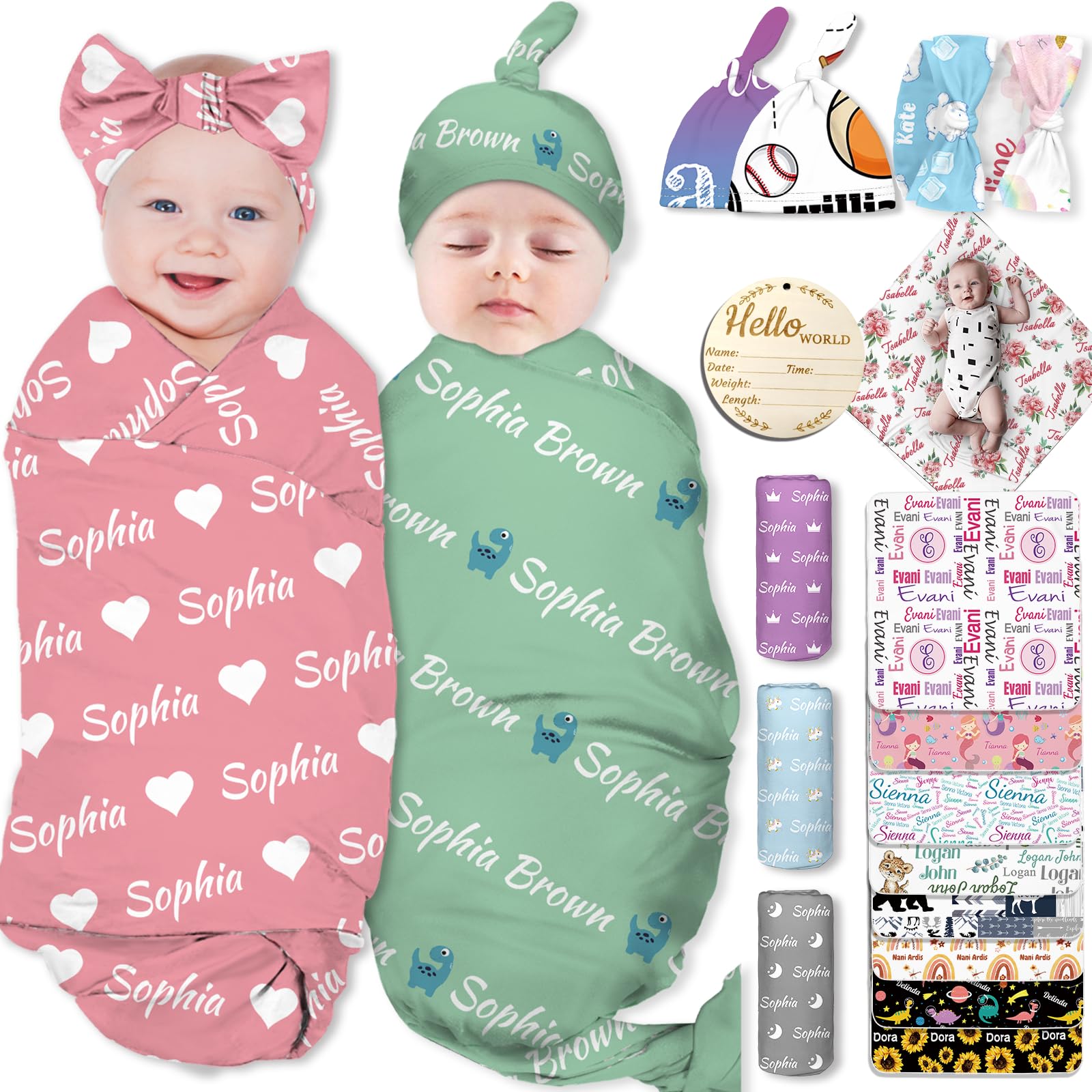 Busparst Personalised Baby Swaddles Blanket with Name Custom Newborn Receiving Blanket Headband Set Baby Swaddle Customized Gifts for Baby(Icon) — image 1