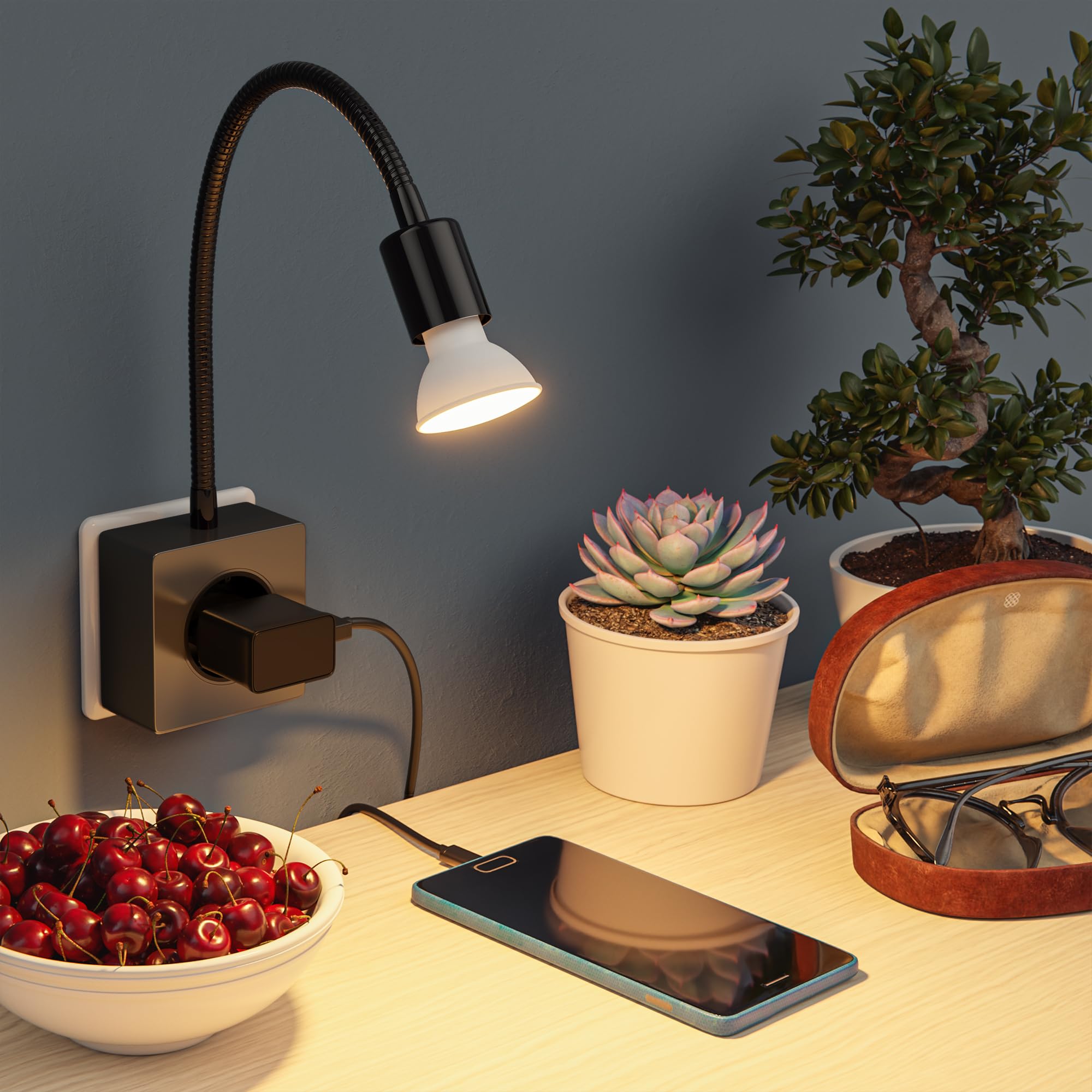 ledscom.de Steckdosenlampe LESCH Leselampe, chrom/schwarz inkl. GU10 LED Lampe 5,8W, 500lm, 3-Stufen-Dimmer, warmweiß
