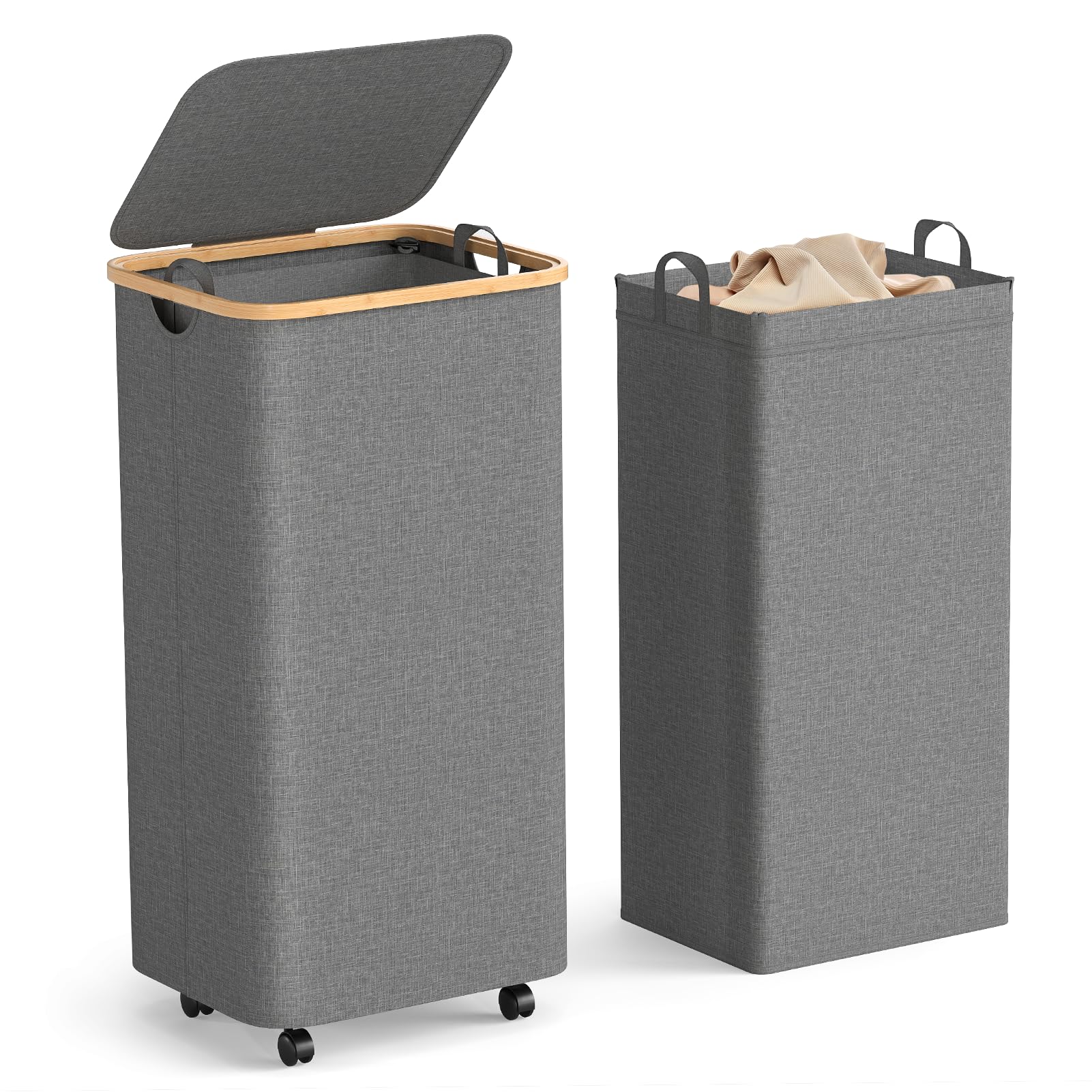 Yecaye 100L Large Capacity Laundry Hamper – Foldable Rolling Laundry Basket, Mobile Clothes Hamper with Wheels, Removable Inner Bag, Bamboo Handle Lid Laundry Bin – Multi-Use Storage,Grey