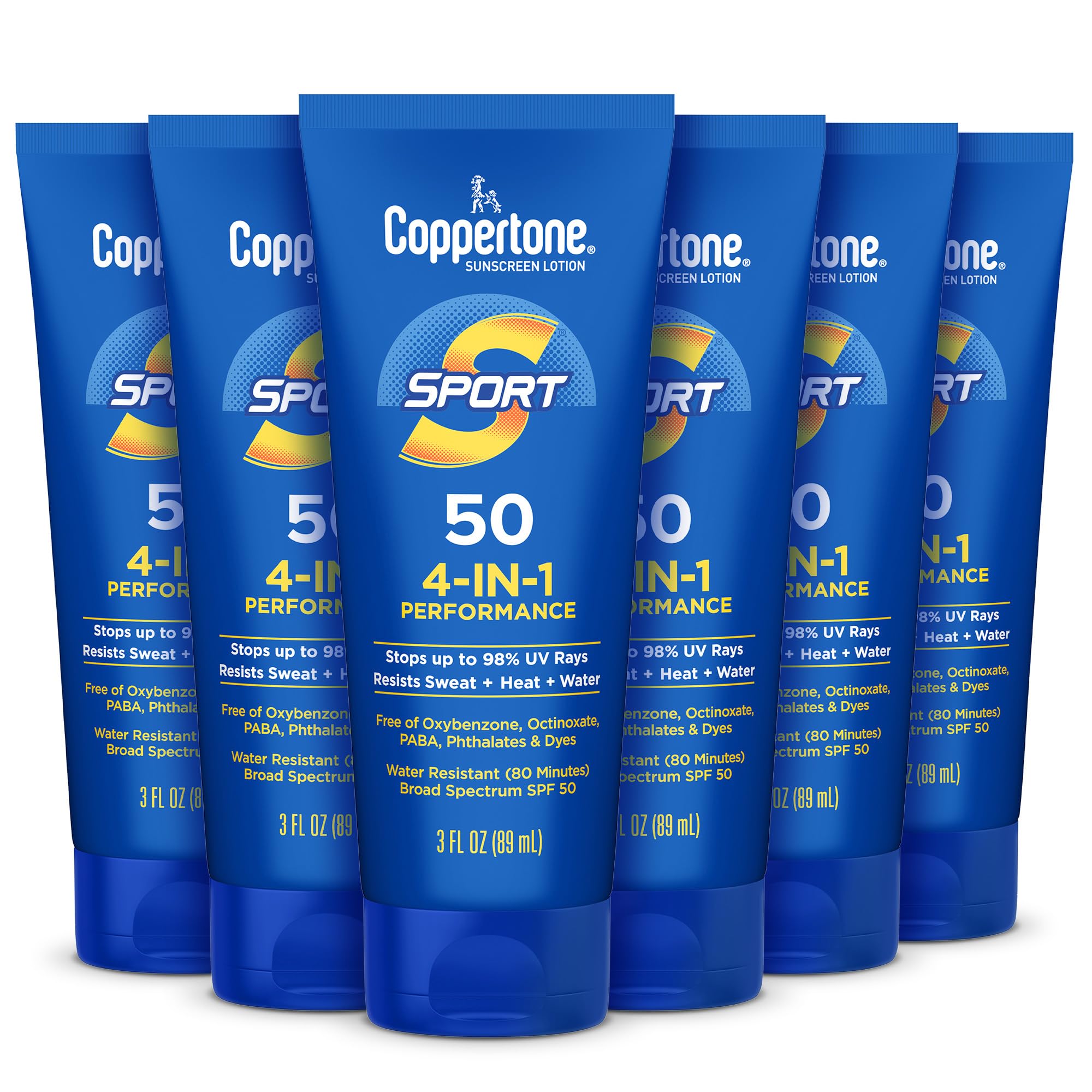 Coppertone Sport Sunscreen Lotion SPF 50, Sweat, Heat and Water Resistant Sunblock, Lightweight, Oxybenzone Free, Travel Size Sunscreen Bulk Pack, 3 Fl Oz Bottle, Pack of 6