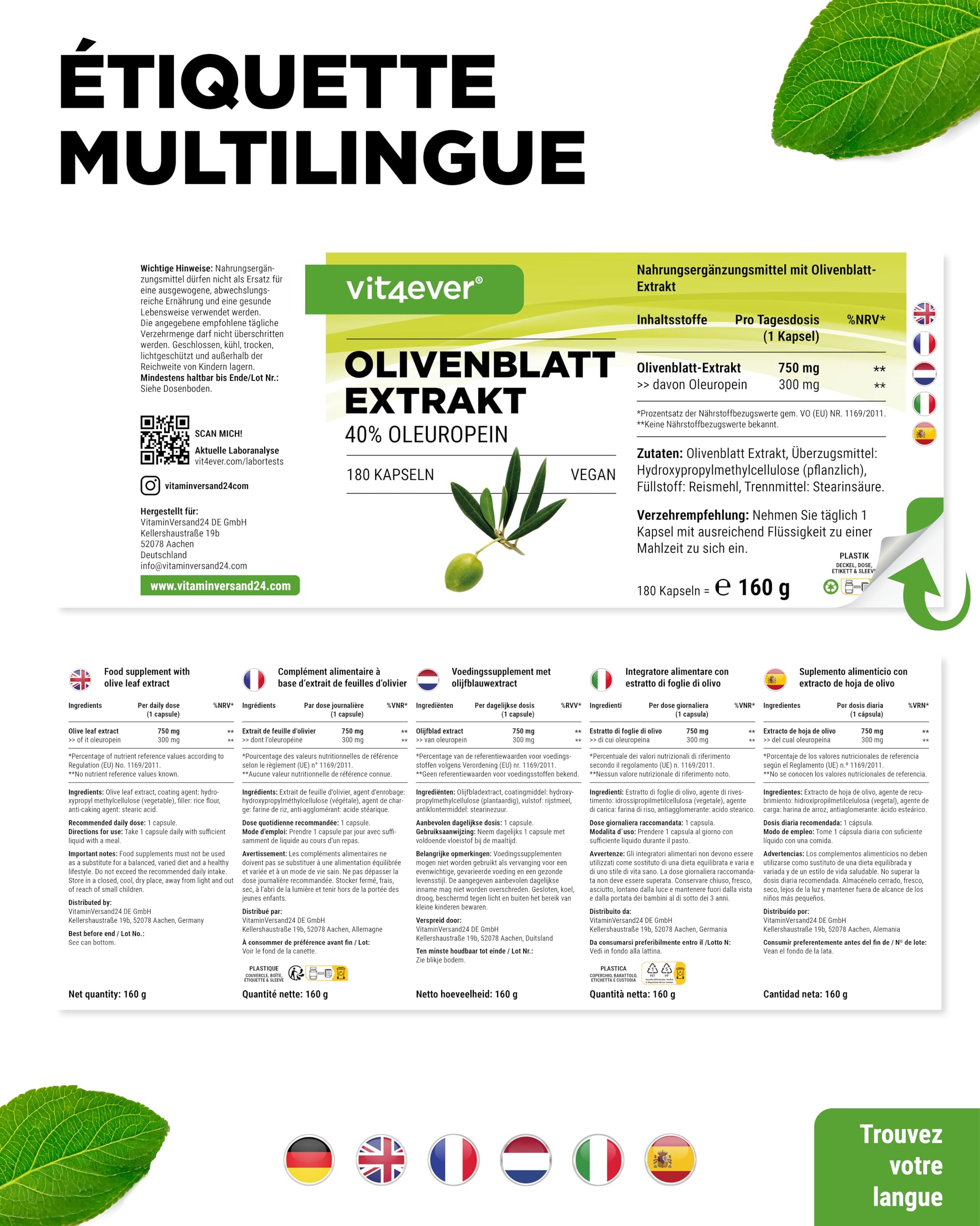 vit4ever Extrait de Feuilles d'Olivier - 180 capsules de 750 mg chacune - Extrait de Feuilles d'Olivier avec 40% d'Oleuropéine = 300 mg - Fortement Dosé - Vegan