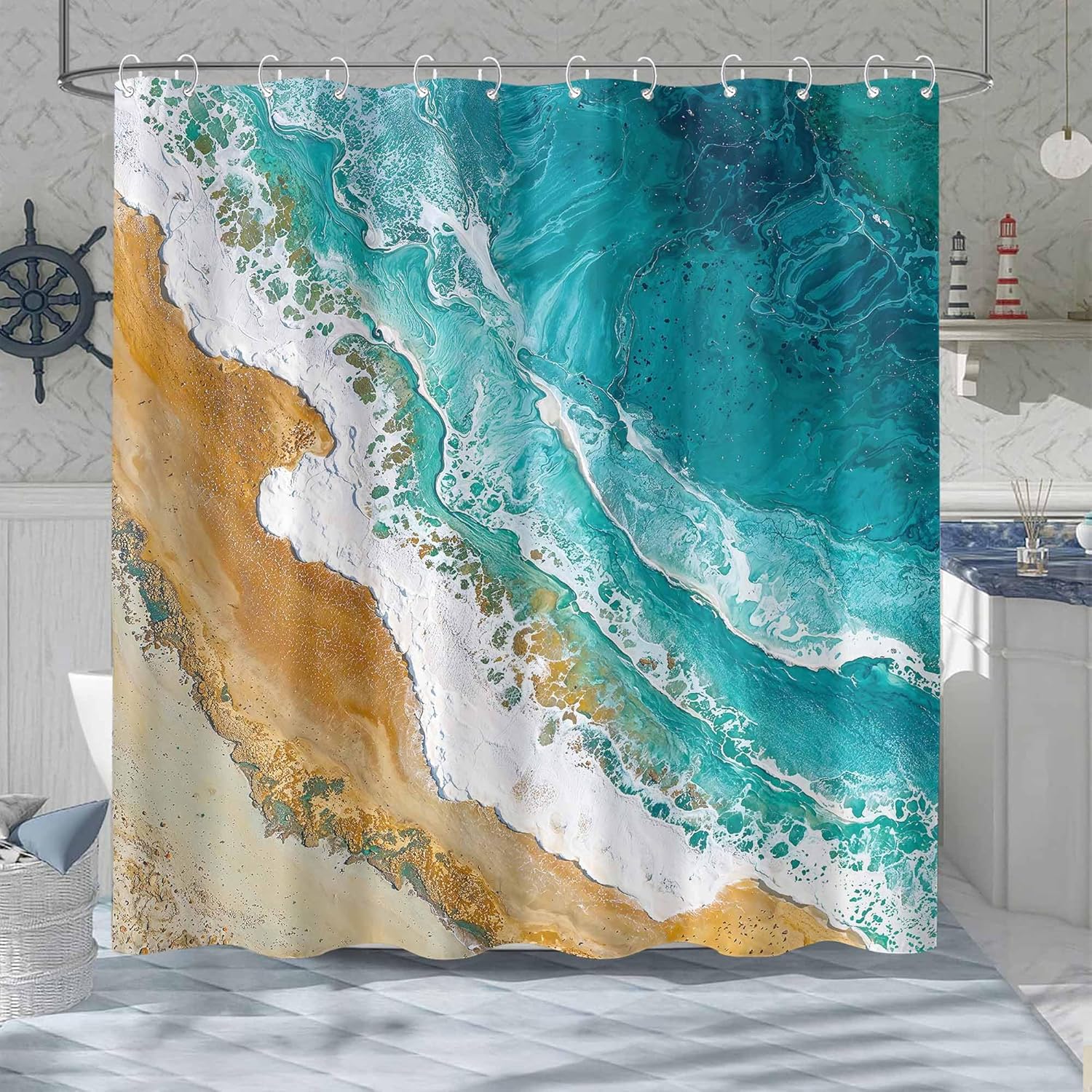 Rexful Beach Shower Curtain Sets Turquoise Seafoam Sand Beach Shower Curtains for Bathroom Aerial View Blue Coastal Decor Waterproof Fabric 72 x 72 inch with 12 Hooks (Blue2)