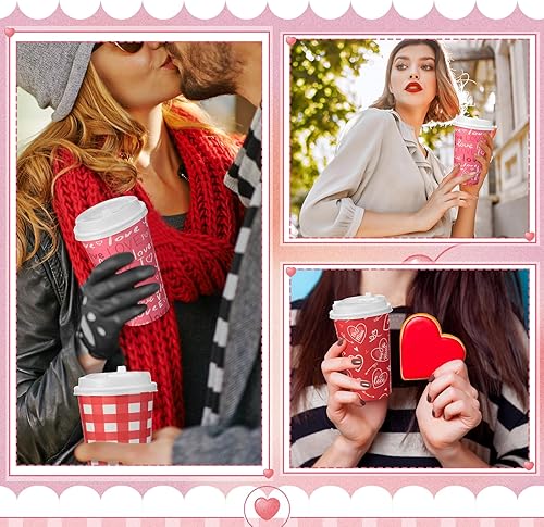 Miniatura 6 de 120 vasos de papel para el día de San Valentín de 16 onzas con tapas y agitadores, tazas de café de papel desechables, tazas calientes de papel,