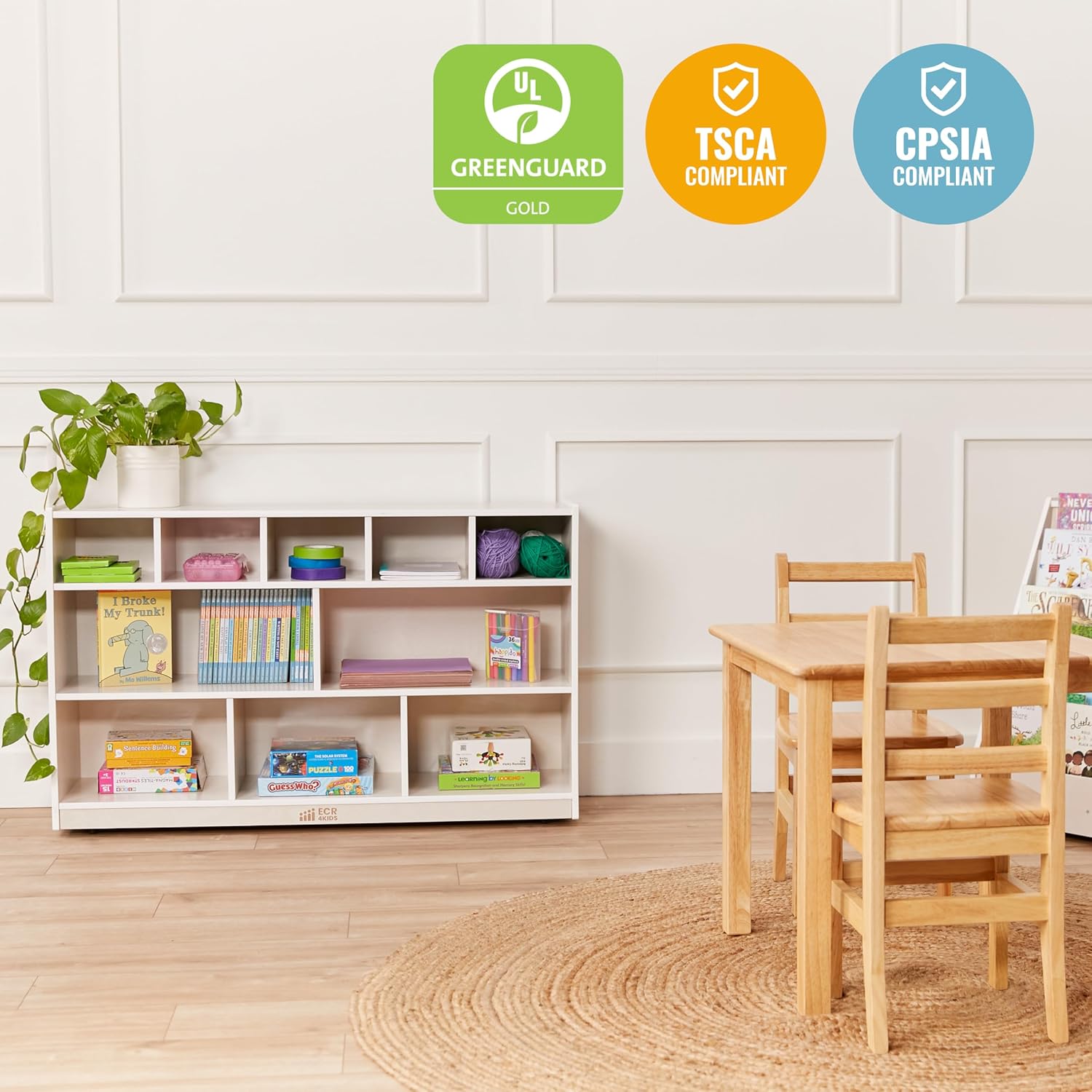 ECR4Kids 5+5 Cubby and Storage Mobile Tray Cabinet, Classroom Furniture, White Wash