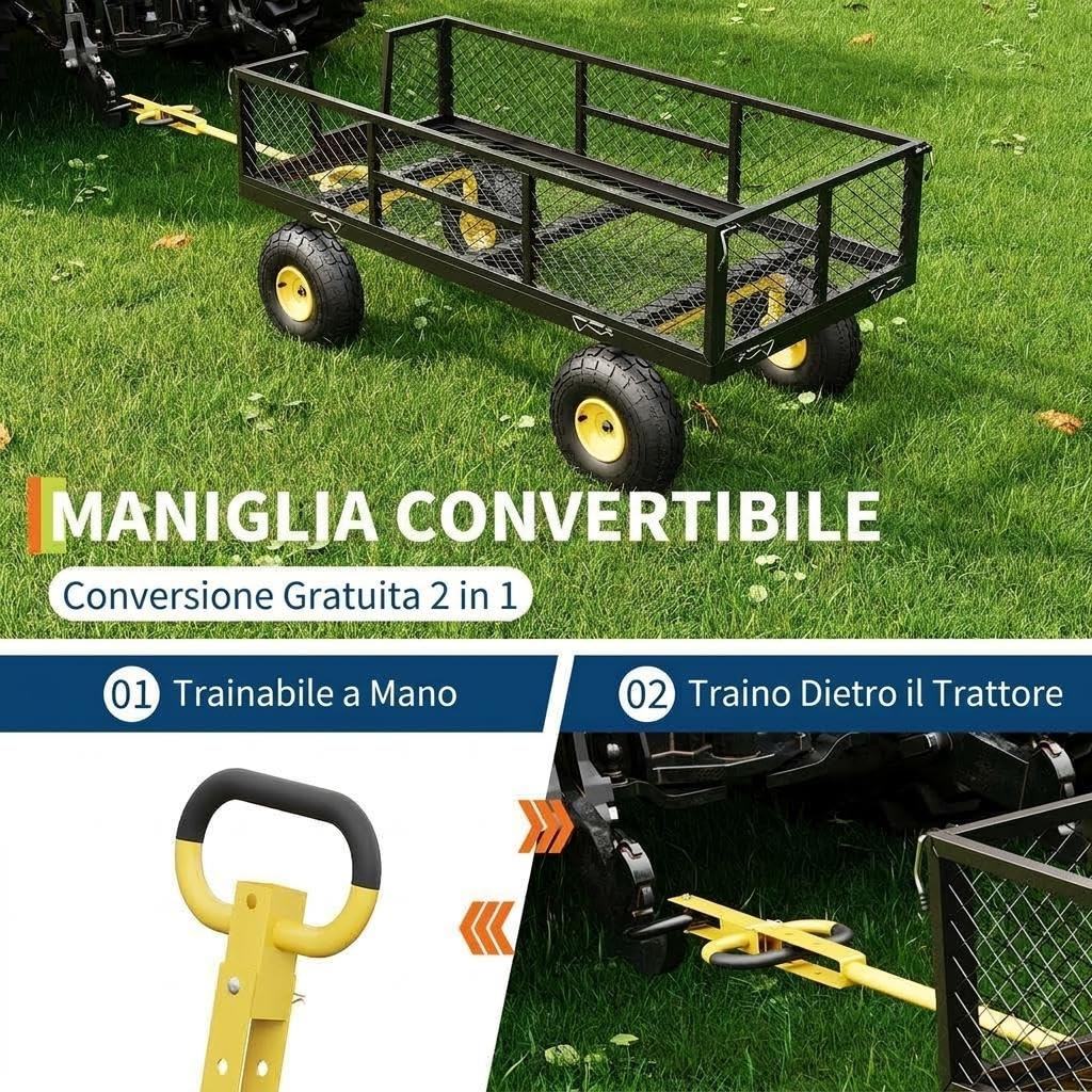 GarveeHome Carrello da giardino robusto 900 kg in acciaio – Sponde rimovibili – Ruote pneumatiche 10'' – Pianale trasformabile – Manico regolabile – Per giardino, prato, fattoria, magazzino