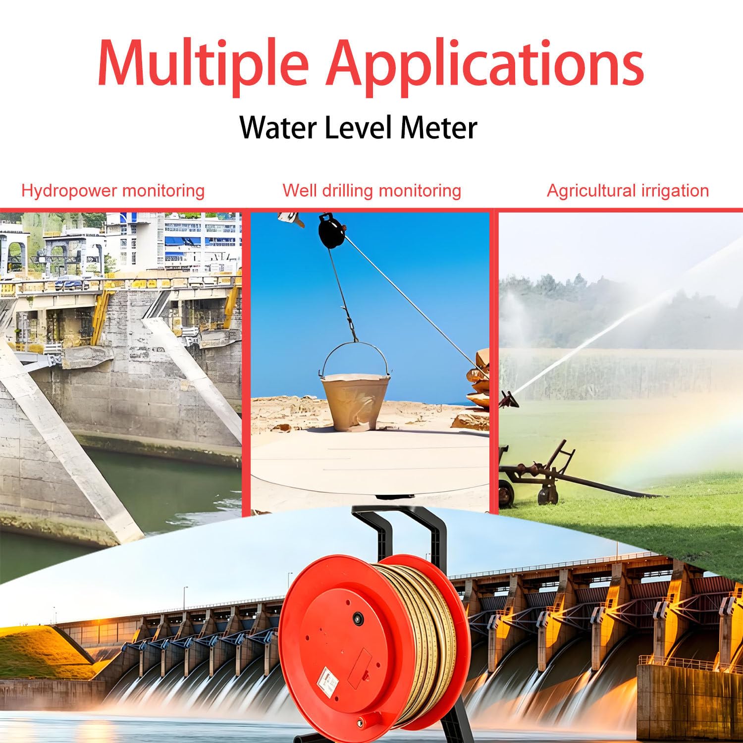 Medidor de Nivel de Agua subterránea con Cinta de Acero de Alta precisión, con sonda de Acero Inoxidable Impermeable para Estudios hidrogeológicos y pozos de riego agrícola 50m(164ft)