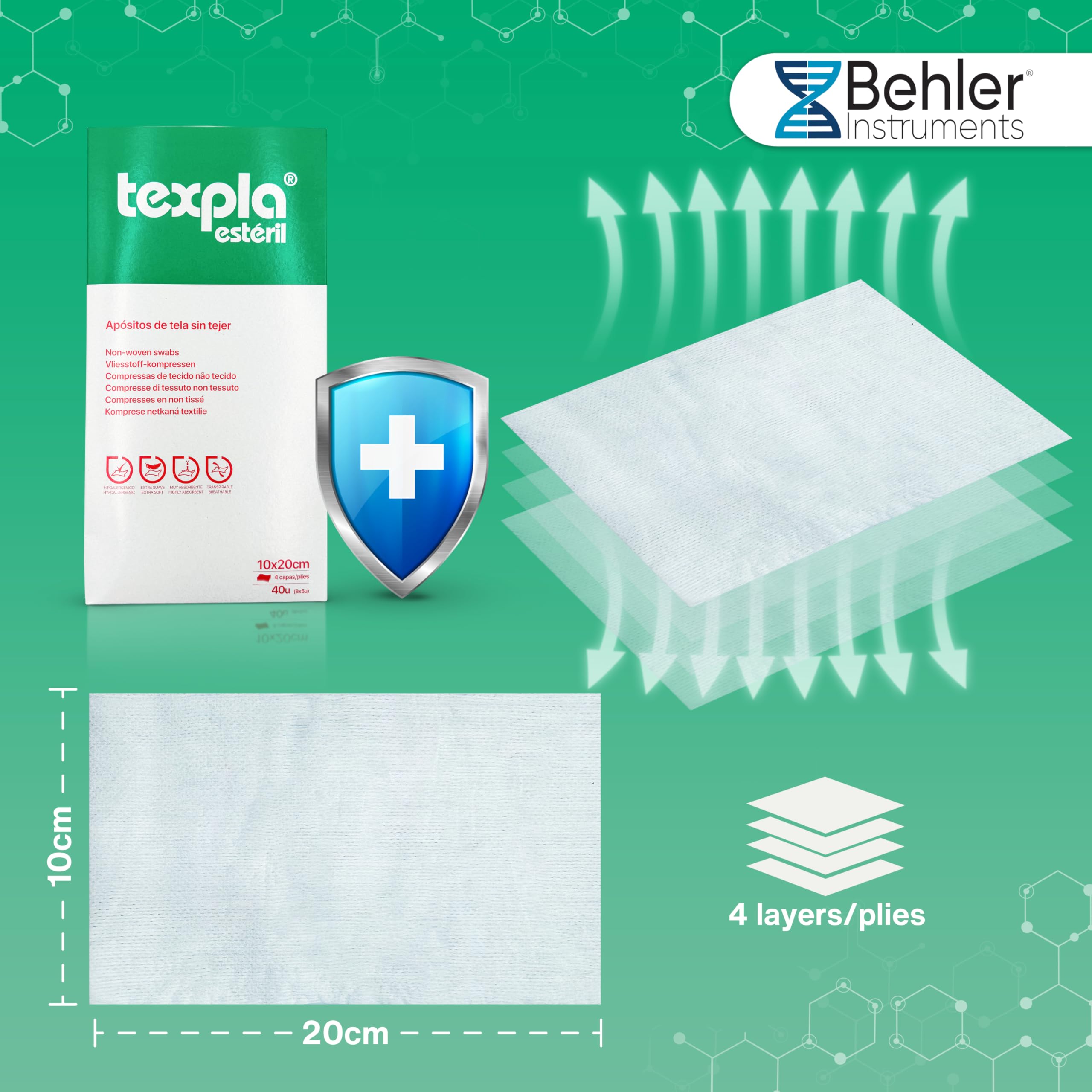 Texpol - Apósitos Estériles de Tejido Sin Tejer - Caja de 40 Unidades (8 Sobres de 5 Apósitos de 10x20, Perfectos para el Cuidado Médico y de Heridas en Casa, Hipoalergénicos (Paquete de 4)