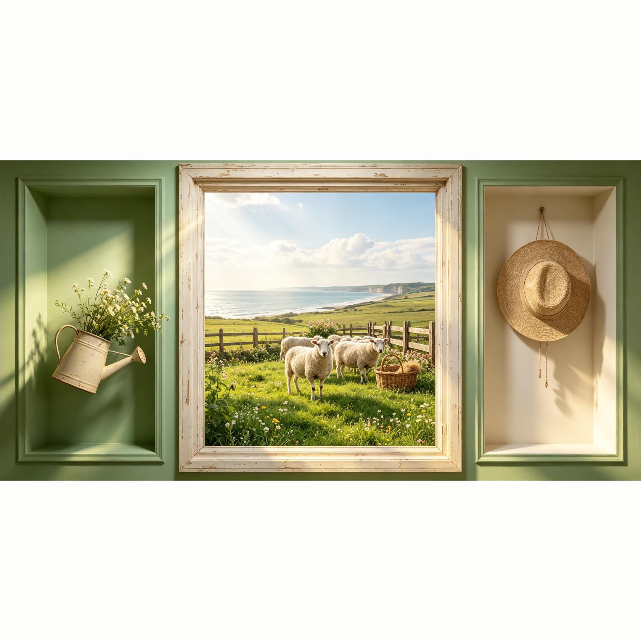 QZLITHOTIC 50x100cm 3D Framed Wall Art， Farmhouse Pastoral Sheep Meadow Ocean Coast Self‑Adhesive Mural， Water‑Activated Peel & Stick Fabric Decor Wall Decal for Bedroom Living Room