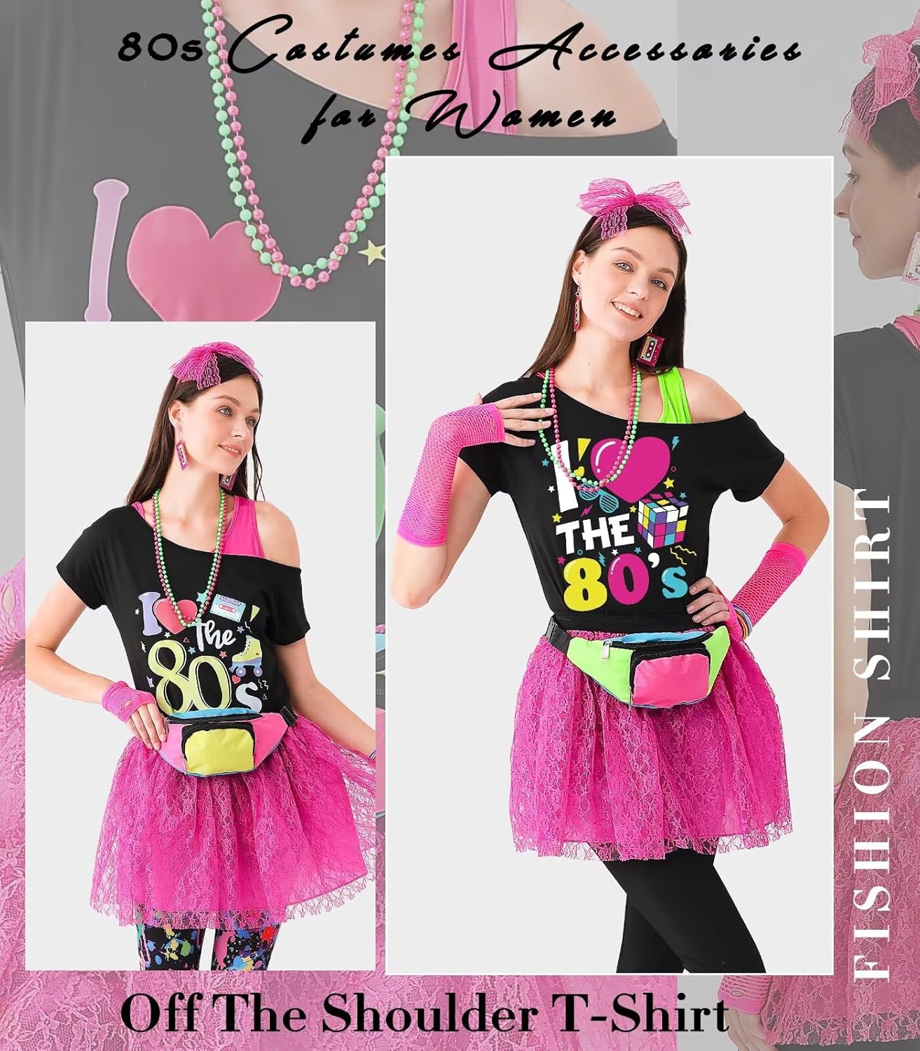 80s Outfit Women Costume Accessories Set, T-Shirt Tank Top Leggings Tutu Skirt Fanny Pack for Halloween, 80s Neon Party - Image 6