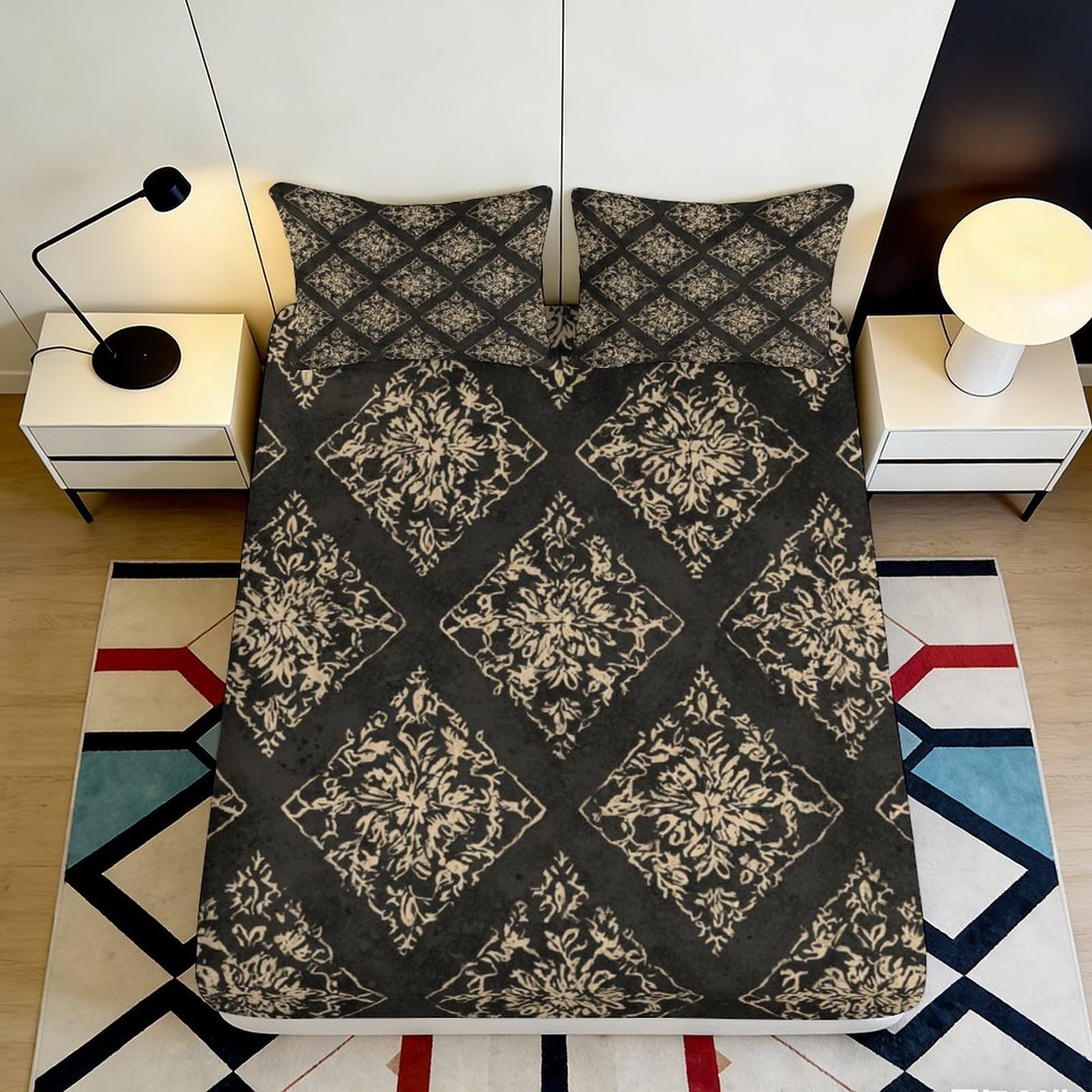 3D Printed Vintage Floral Fitted Sheet Microfiber Soft Breathable Geometric Lattice Mattress Cover for Bedroom Guest Room Decor 90x200x25cm