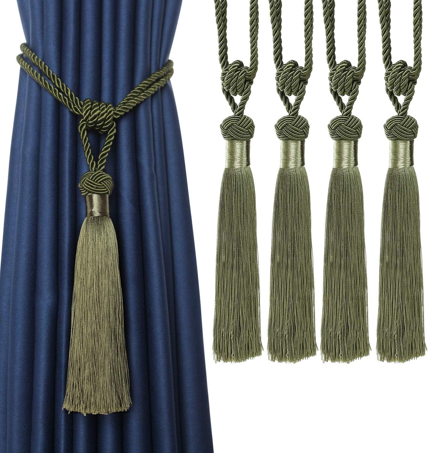BEL AVENIR Curtain Tiebacks Hand-Woven Holdbacks Home Decorative Tassels Tiebacks (Green, 4 Pack) Green 4 Pack